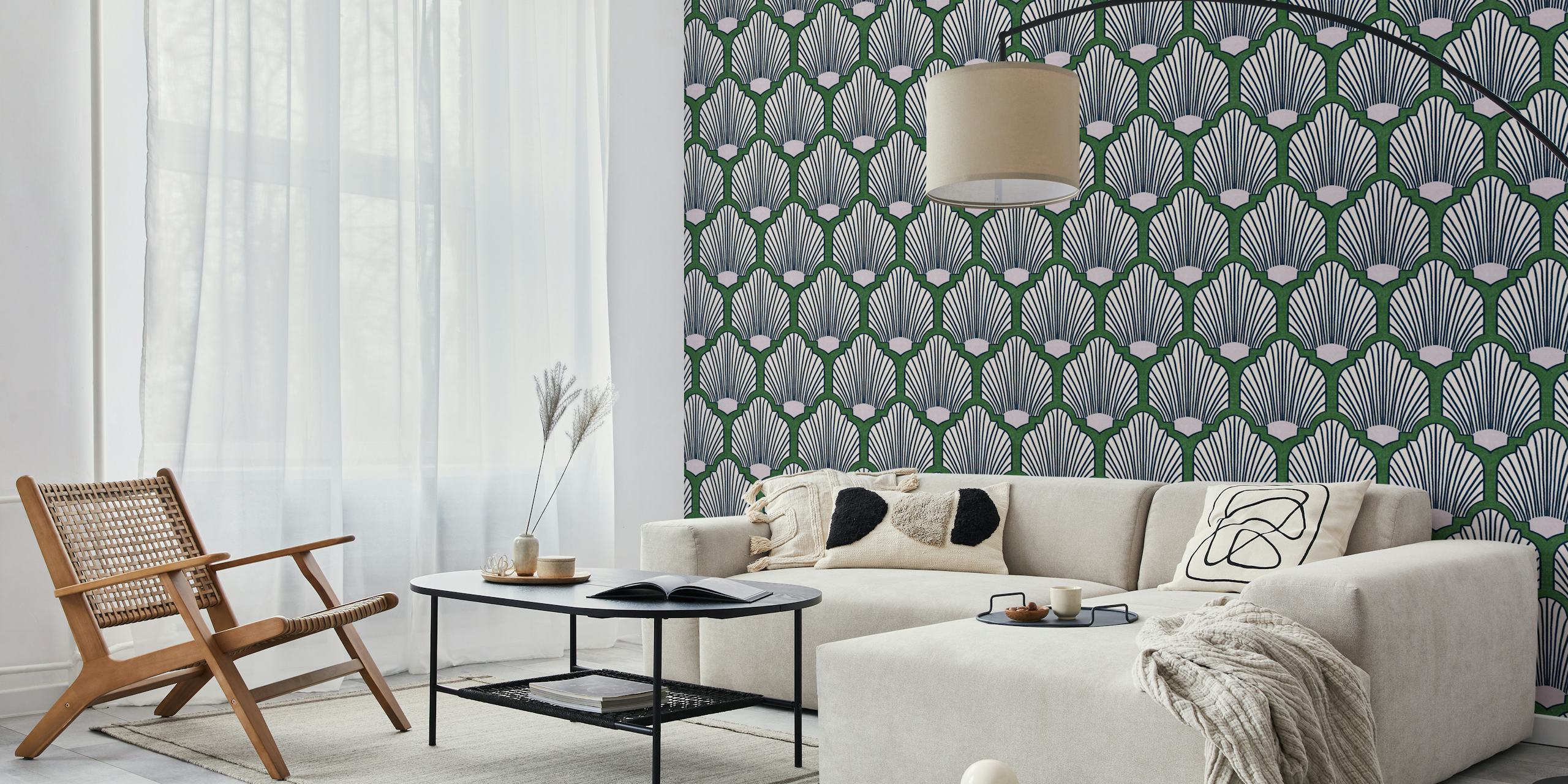 Art Deco pattern with green background and navy lines wallpaper