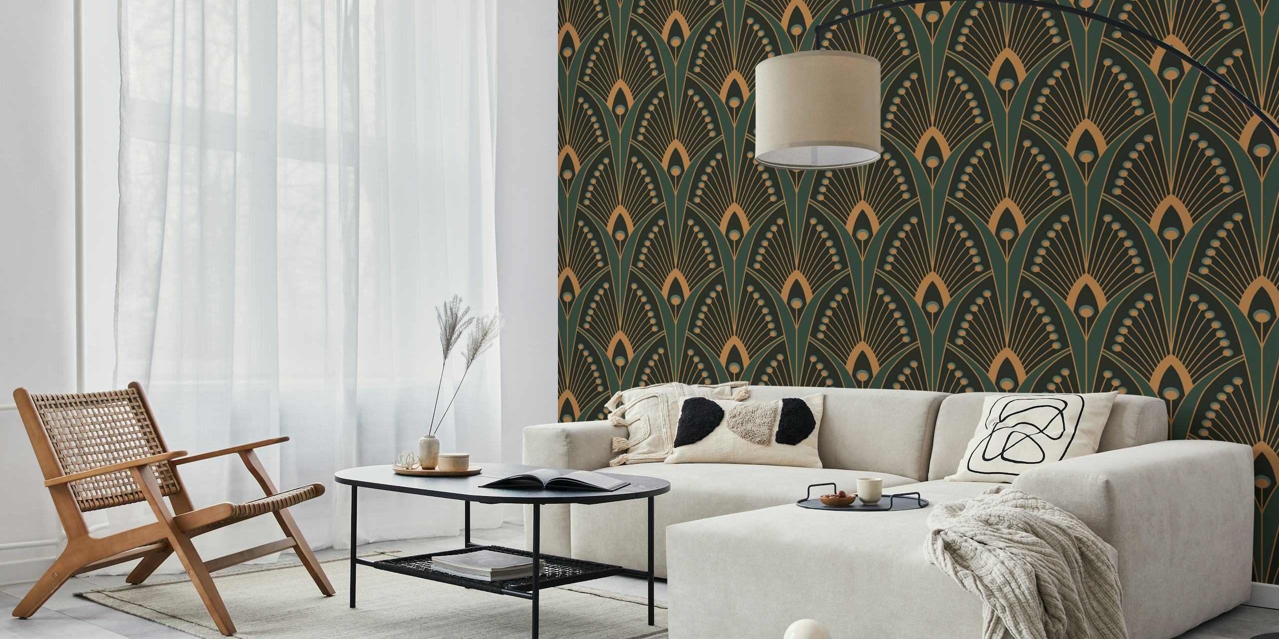Geometric art deco peacock feathers wallpaper i rummet