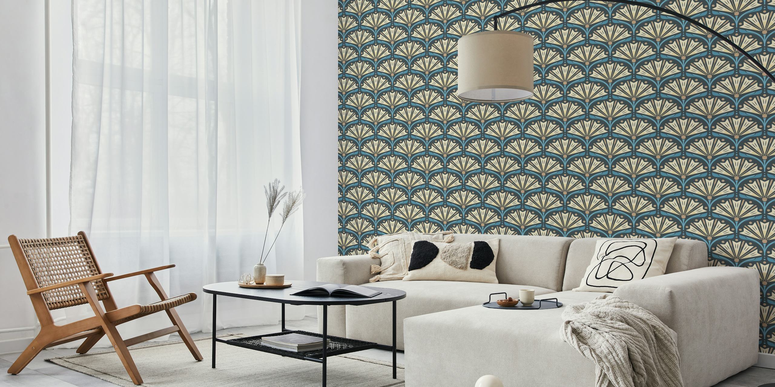 Art Deco floral pattern in blue and beige wallpaper