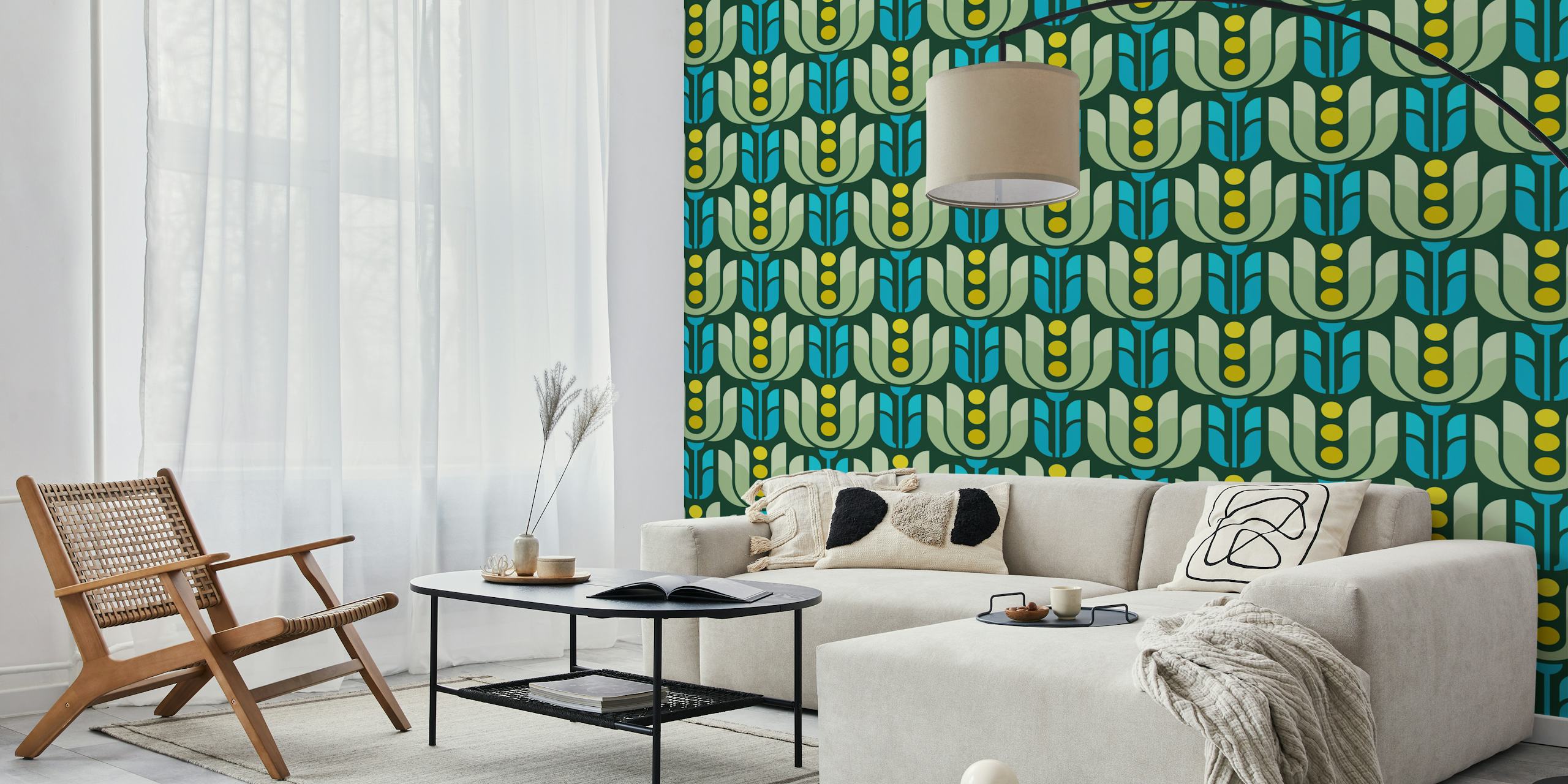 Retro geometric floral design in green and blue wallpaper