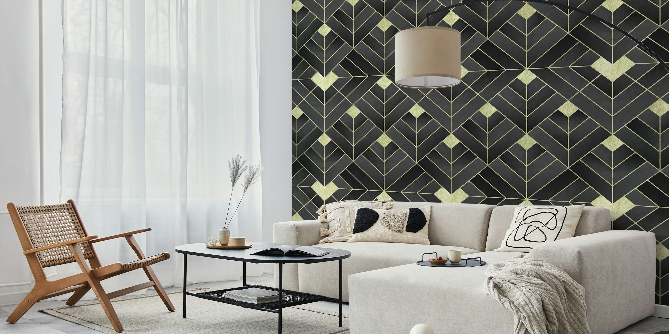 Art Deco geometric pattern in black and gold wallpaper