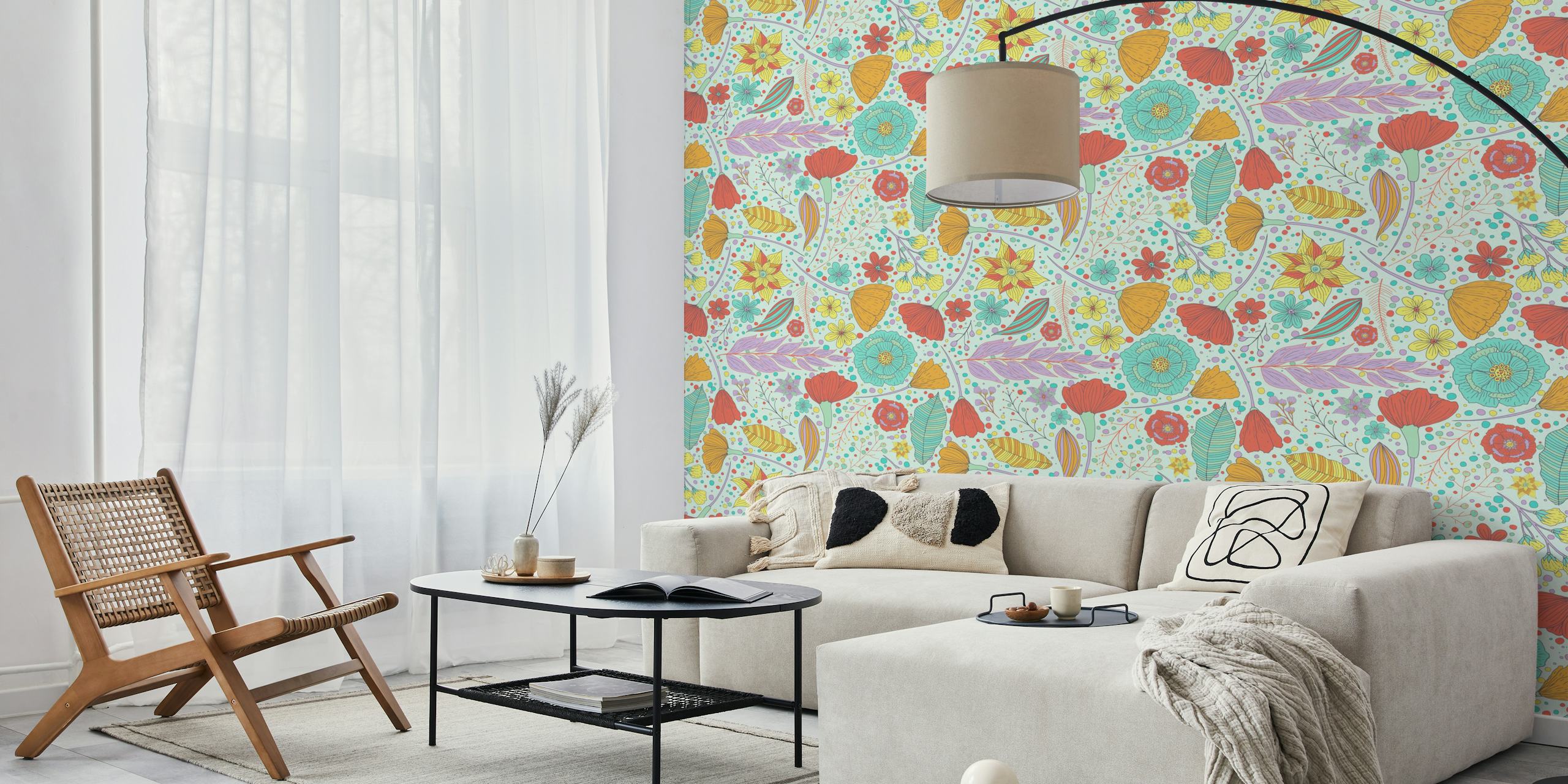 Joyful spring flowers wallpaper in a room