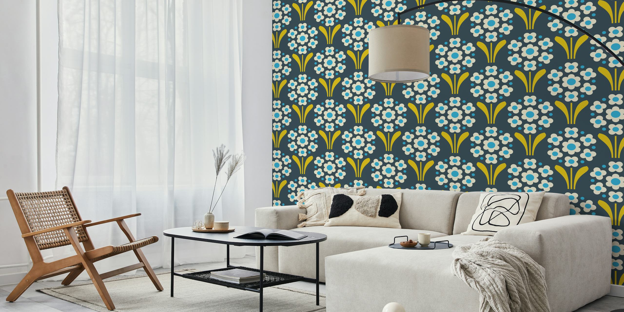 Floral pattern with blue flowers and yellow leaves on dark background wallpaper