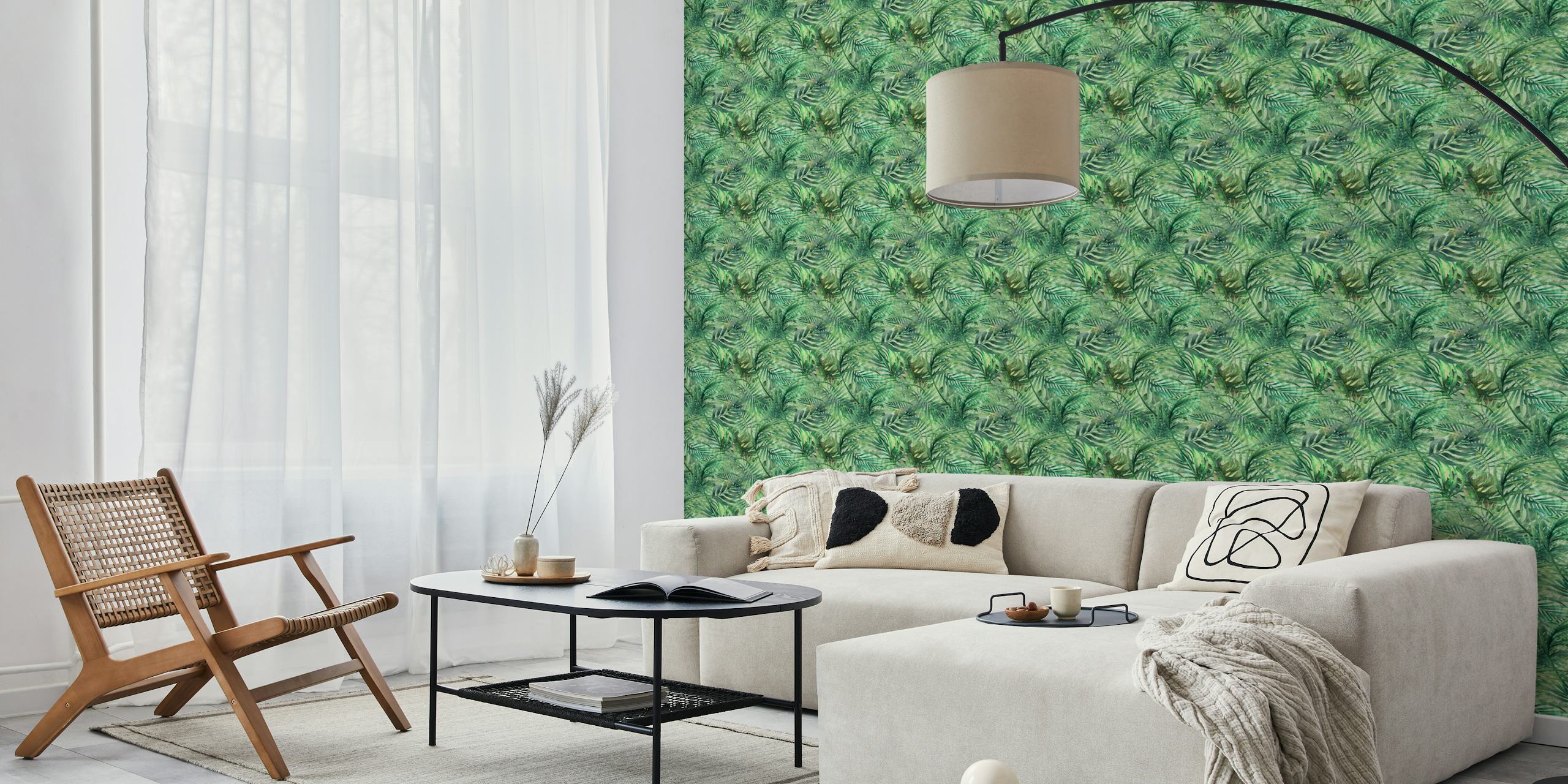 Tropical wallpaper with green leaves in a room
