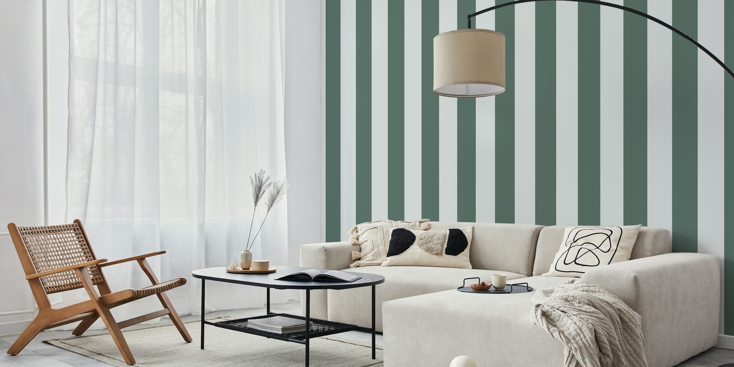 Cabincore Blue Green Stripes wallpaper in a room