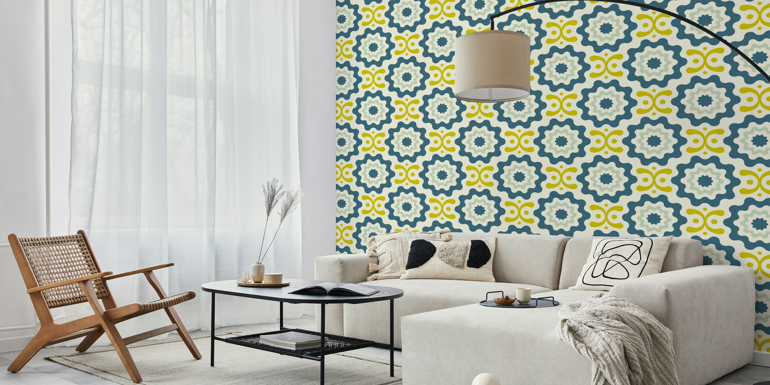 Funky geometric teal green wallpaper in room