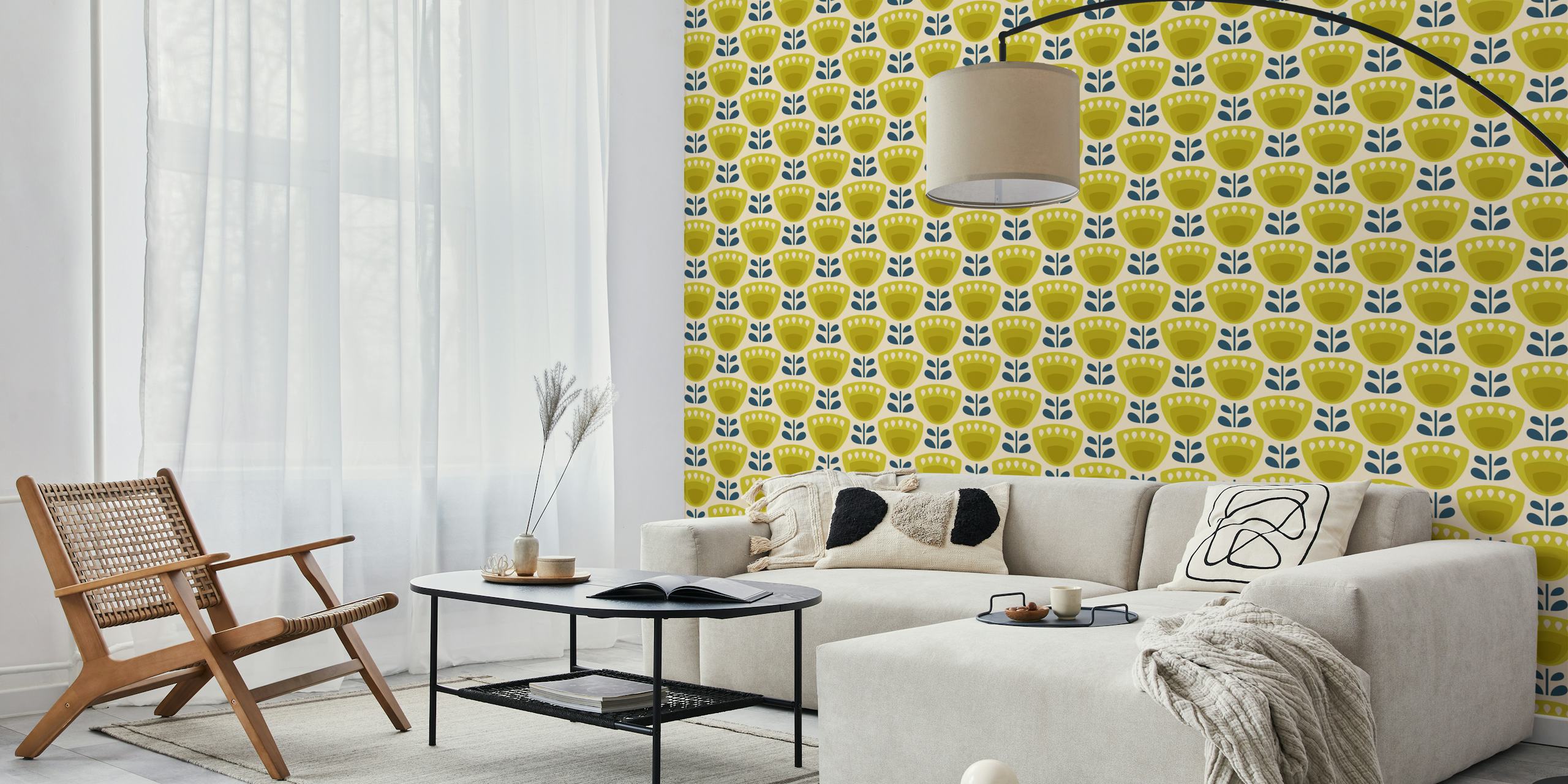 Mid-Century Tulips in Green wallpaper in a room