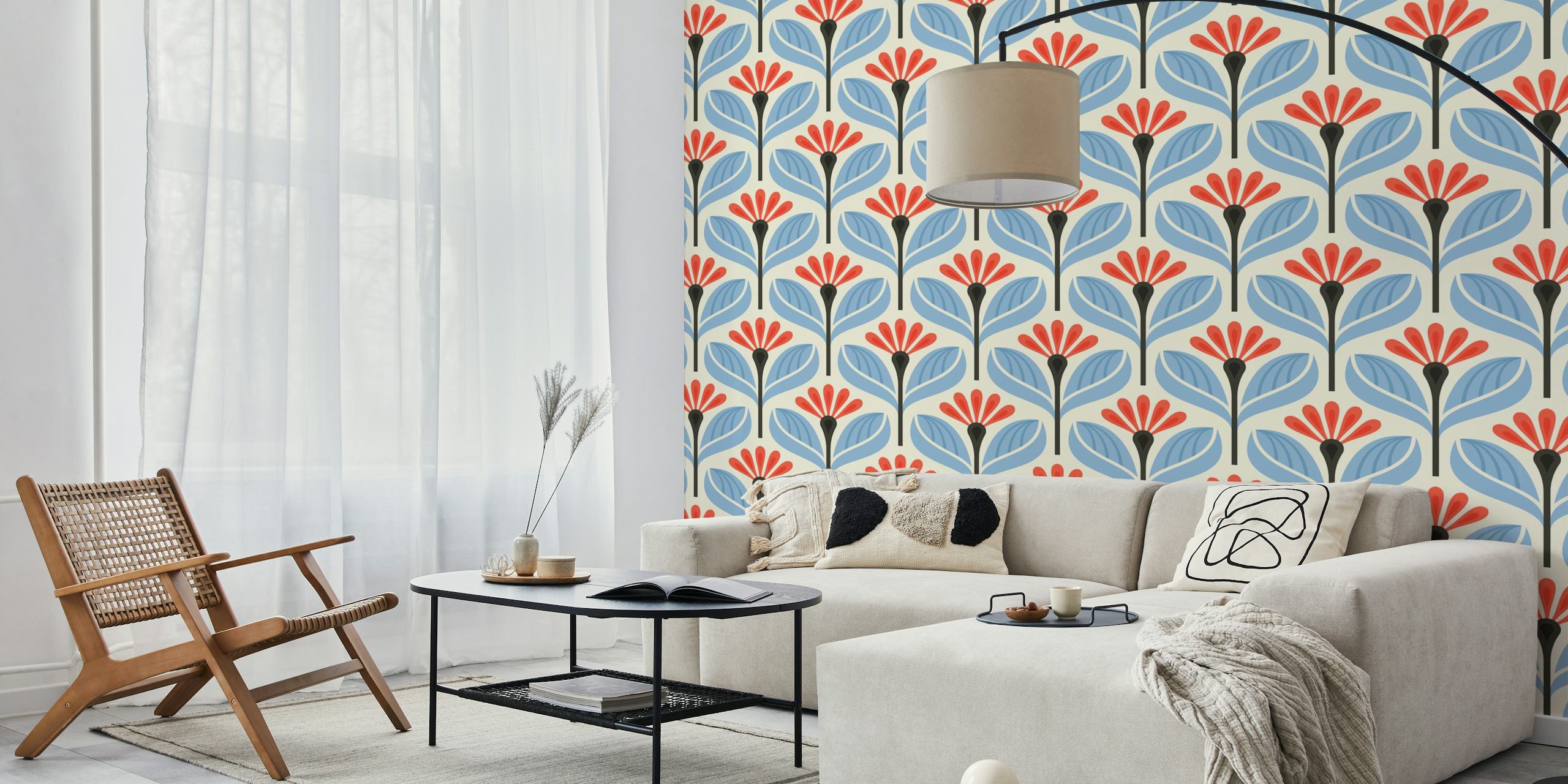 Stylized flower motif wallpaper i ett rum