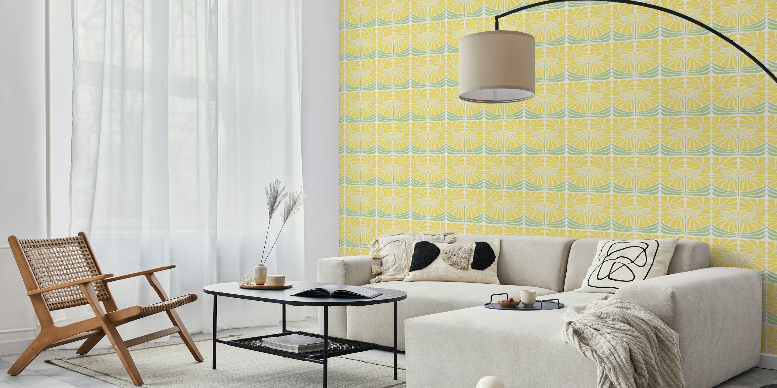 Yellow flowers with green leaves in a repeating pattern wallpaper