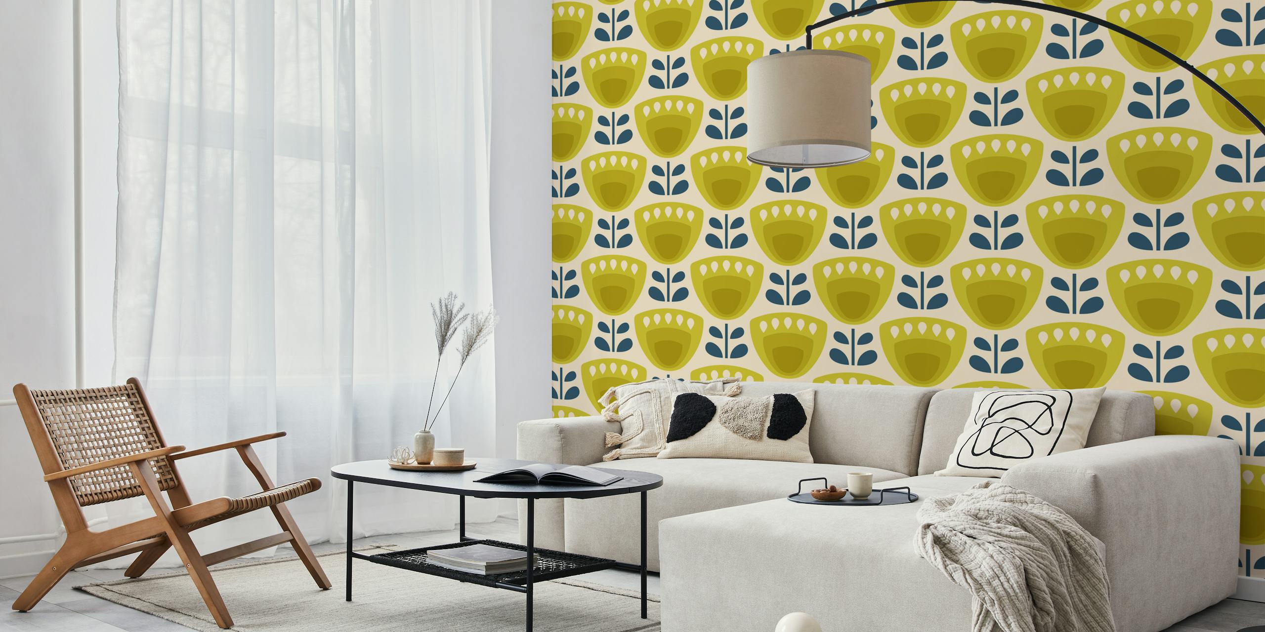 Ταπετσαρία Mid-Century Tulips in Green στο δωμάτιο