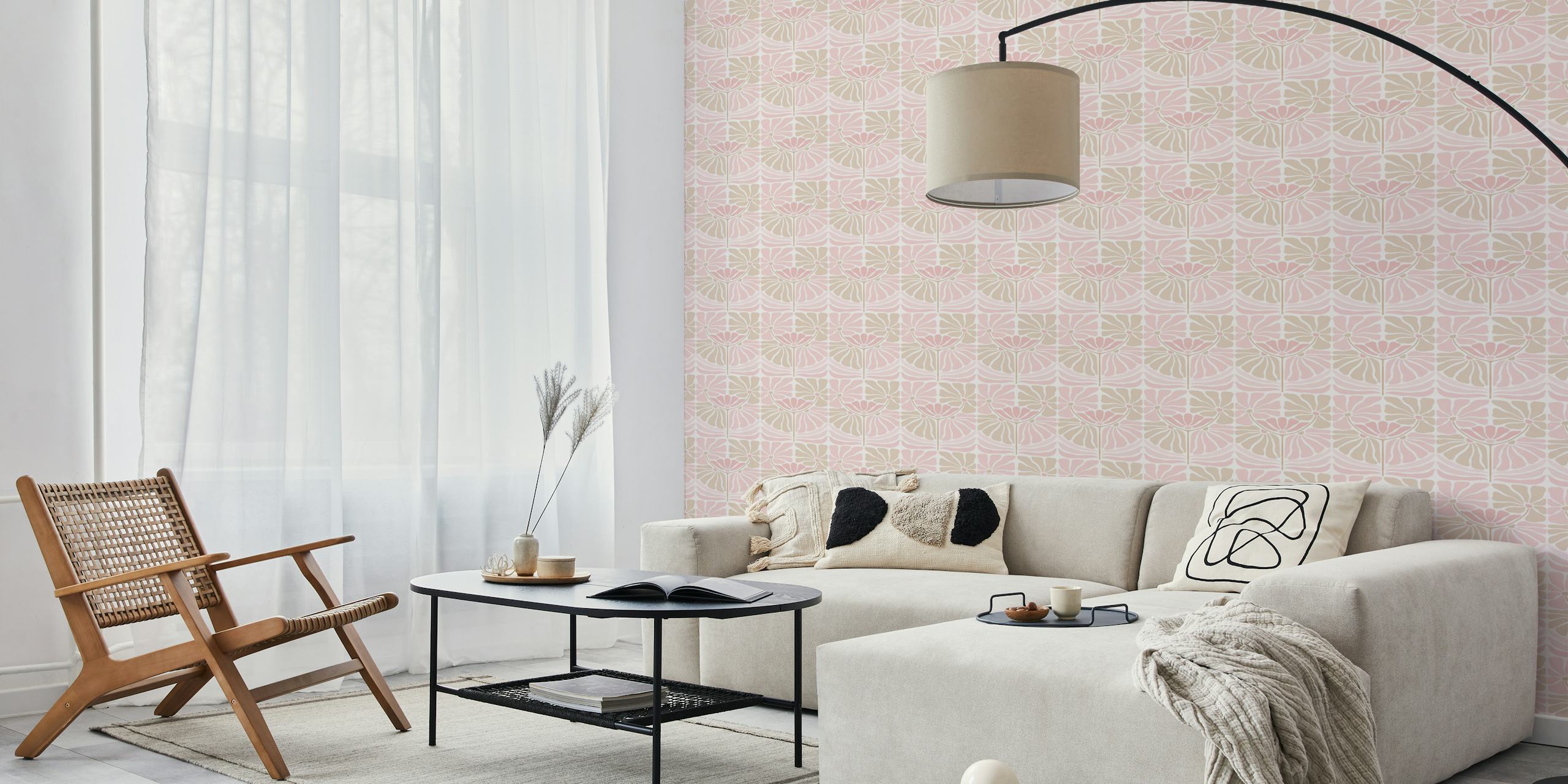 Retro floral wallpaper with pink and beige patterns