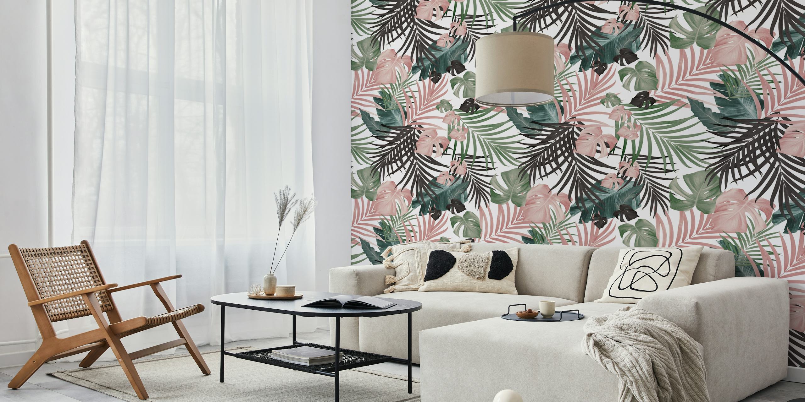 Tropical palm leaves in green and pink colors wallpaper