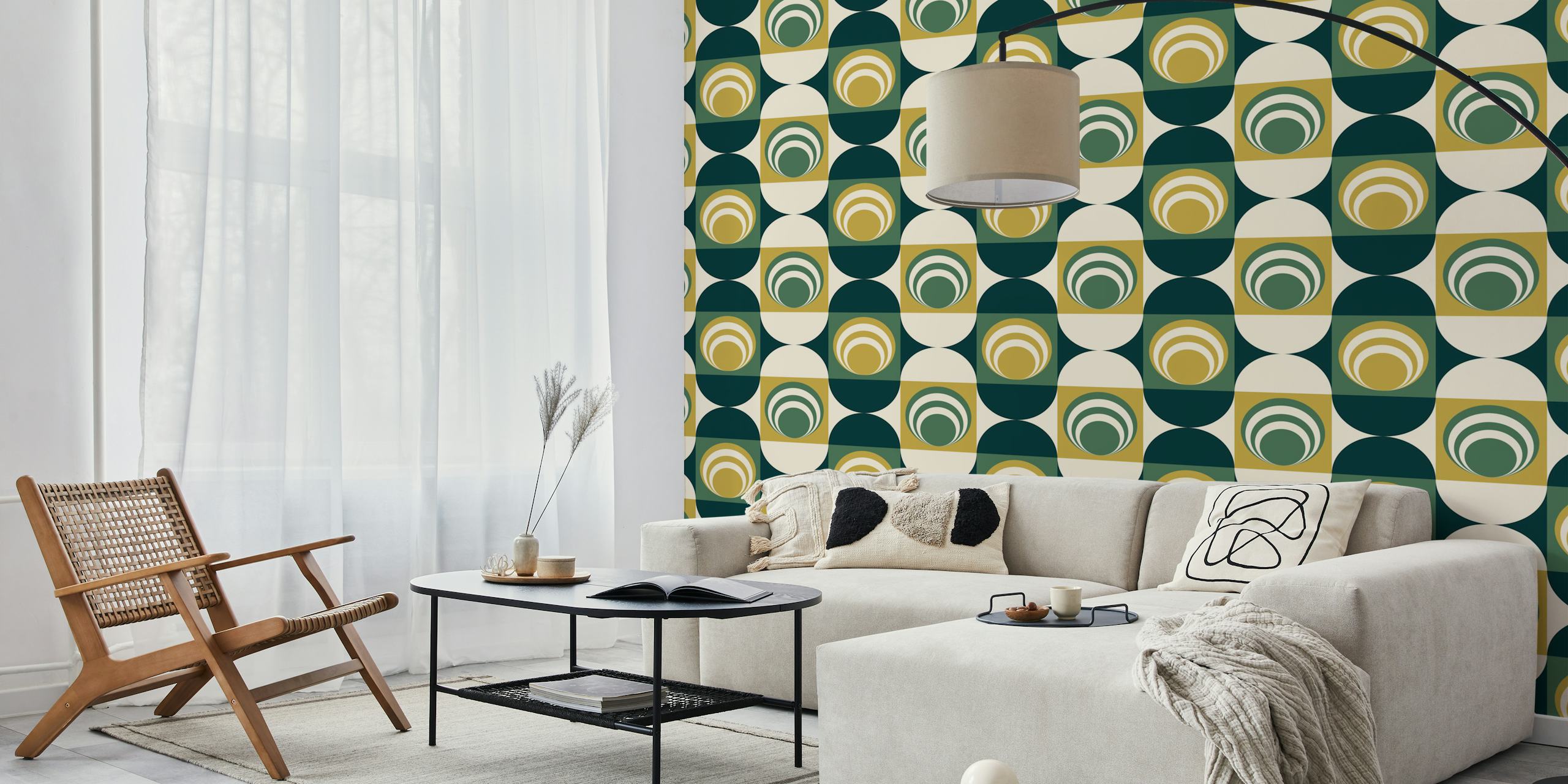 Geometric circles in green, beige, and dark green wallpaper
