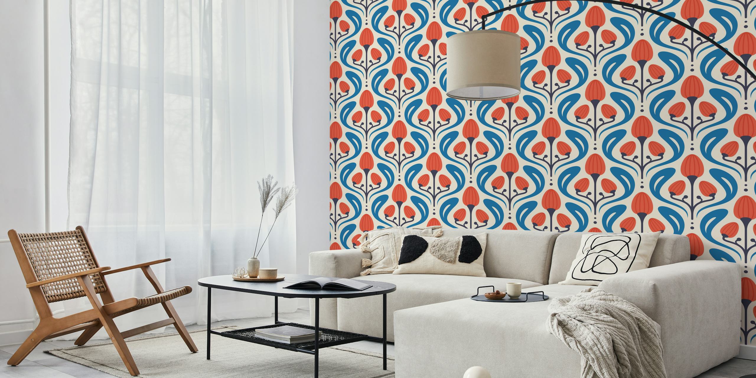 Floral motif with red flowers and blue leaves wallpaper