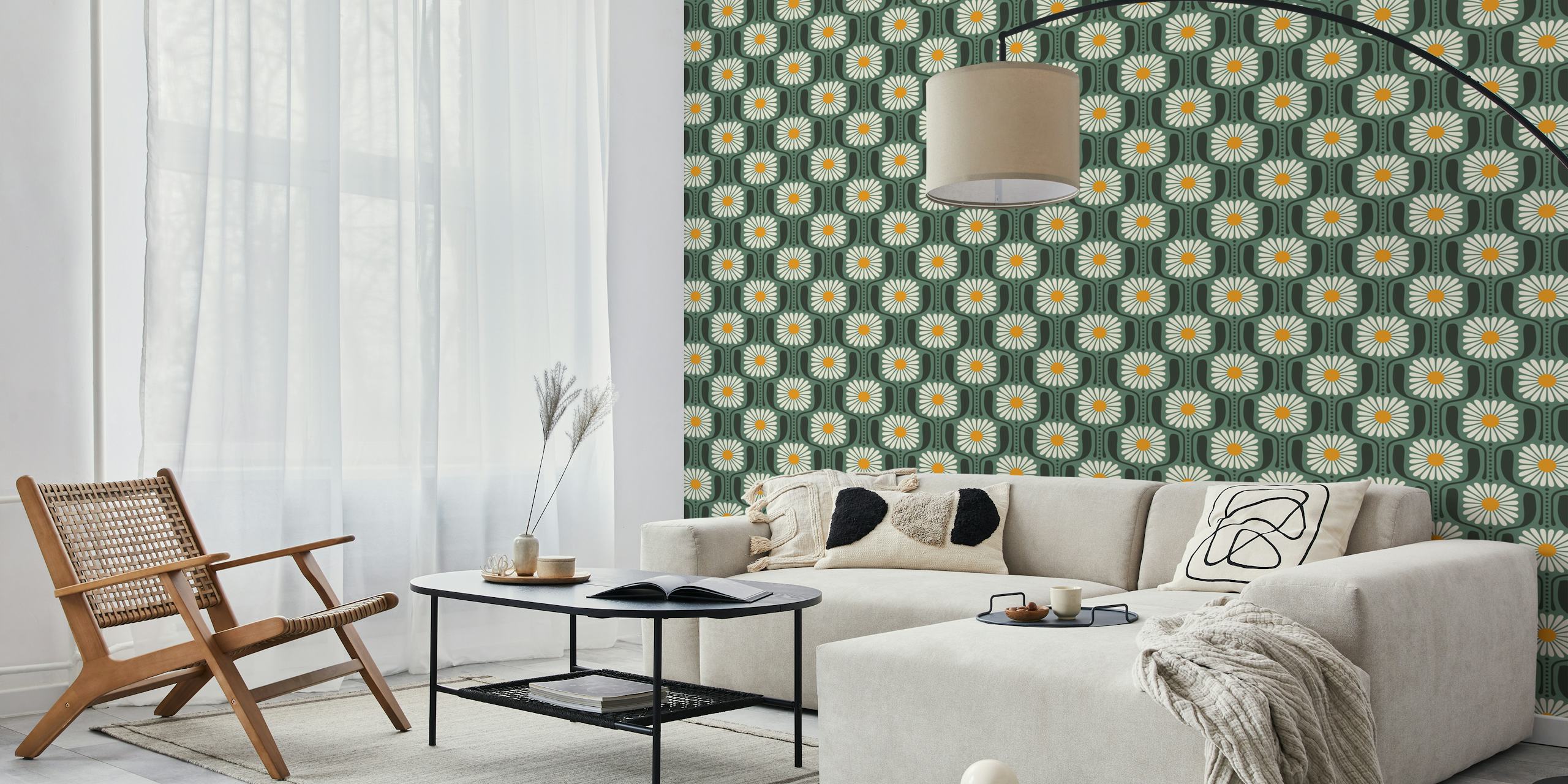 Timeless Daisy Art in Green wallpaper in a room