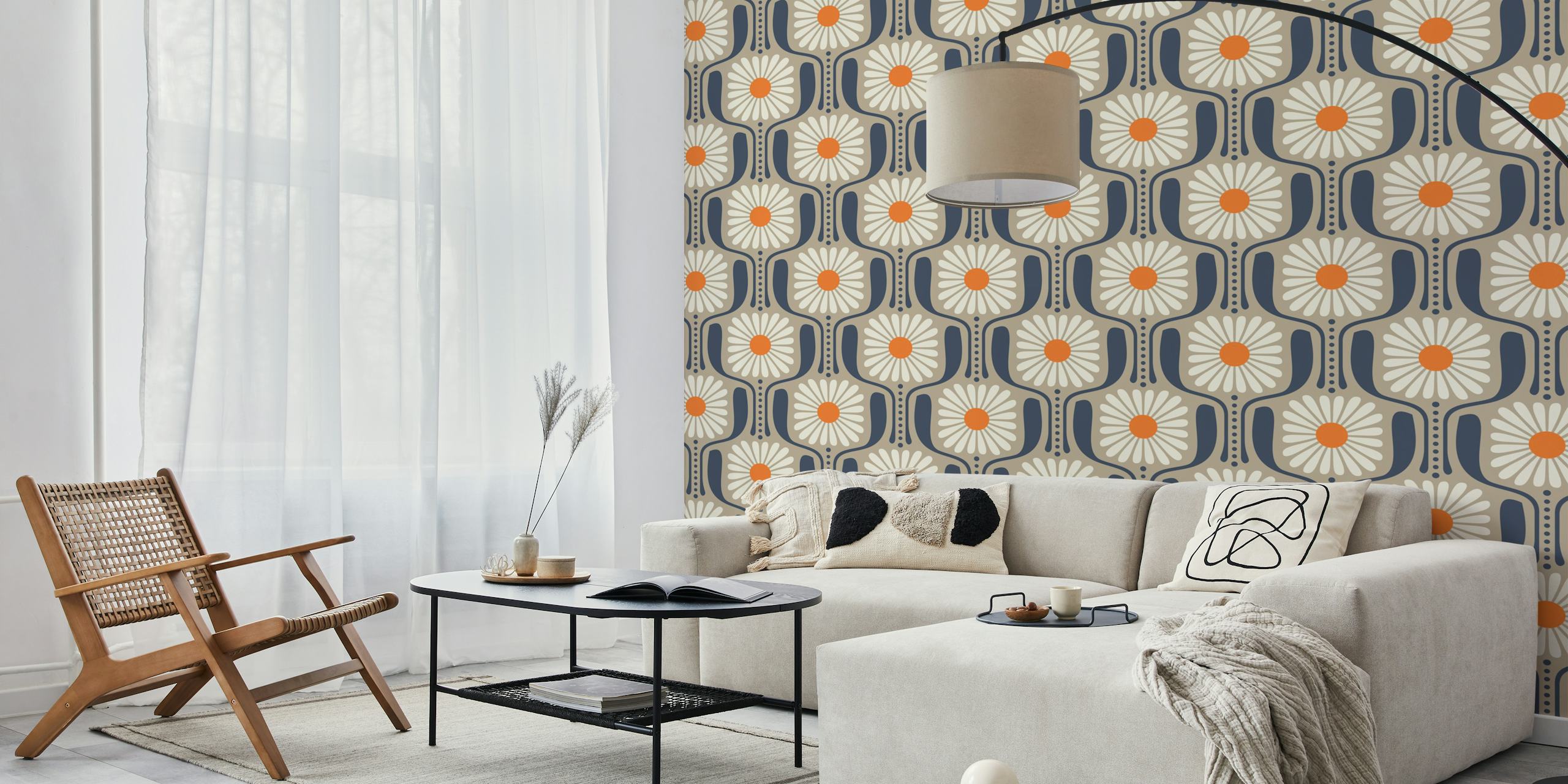 Beige wallpaper featuring large white daisies with orange centers, retro floral design