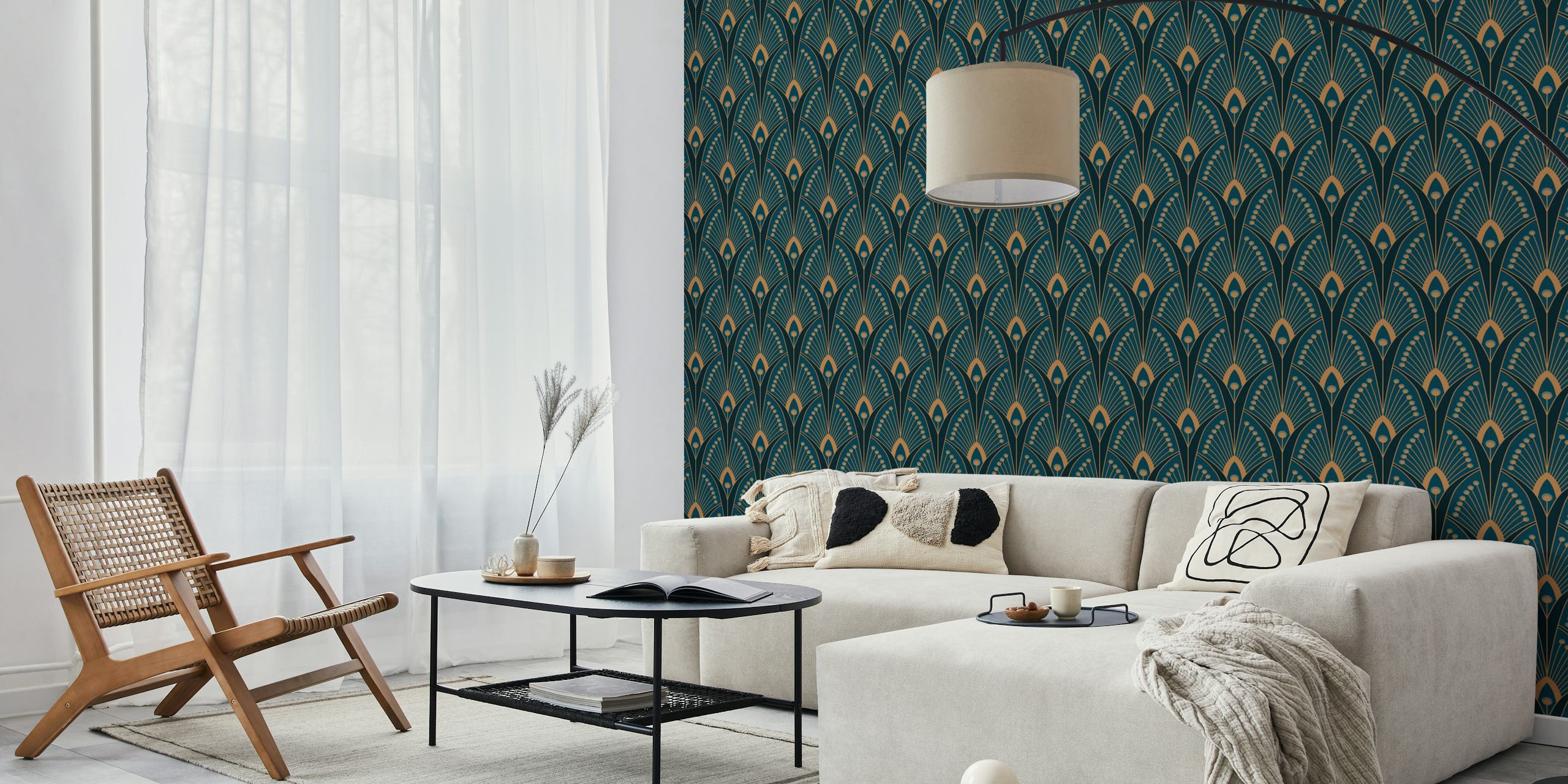 Teal M geometric art deco peacock feathers papier peint
