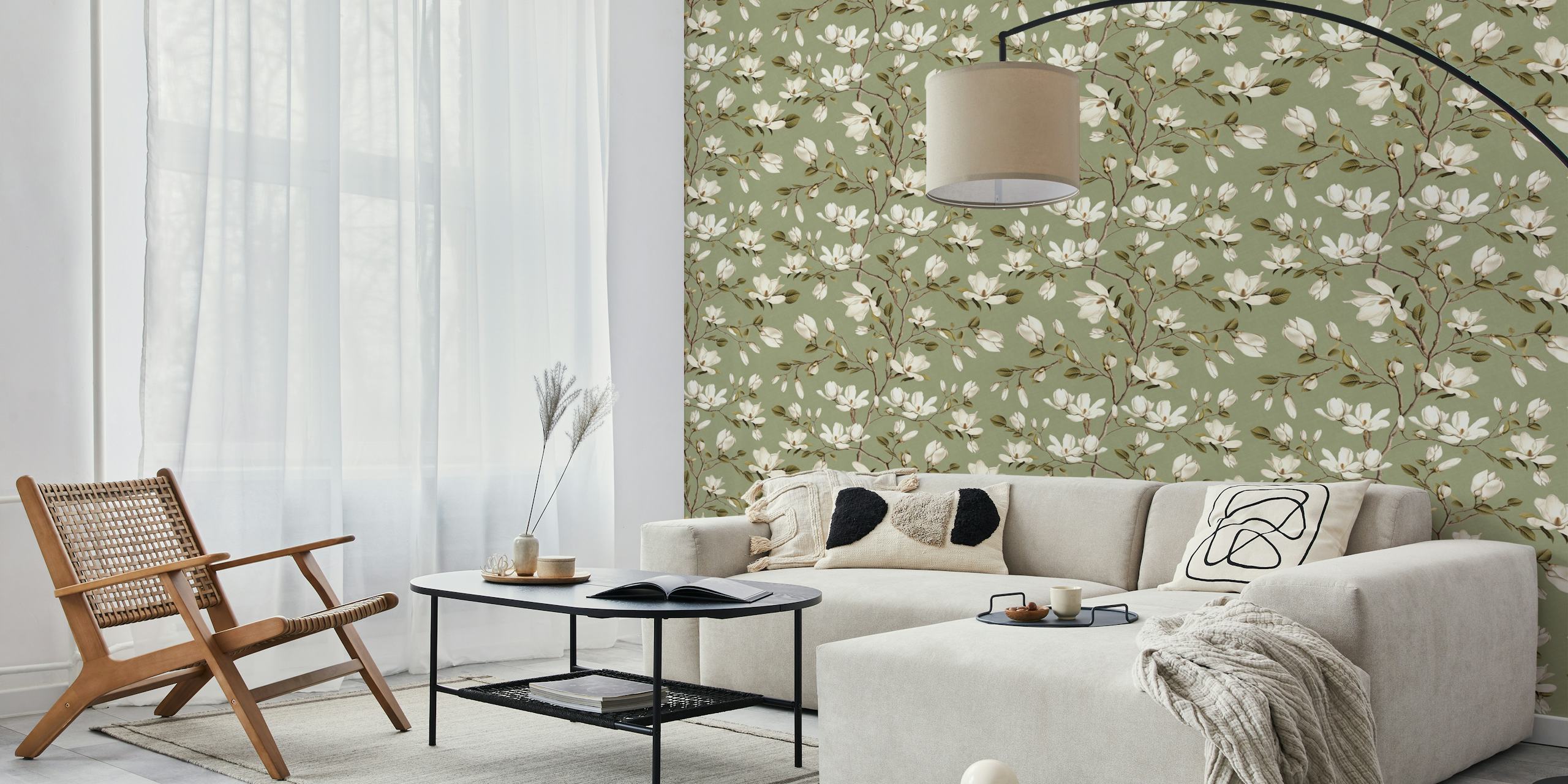Carta da parati Magnolia Grove in Sage Green in una stanza