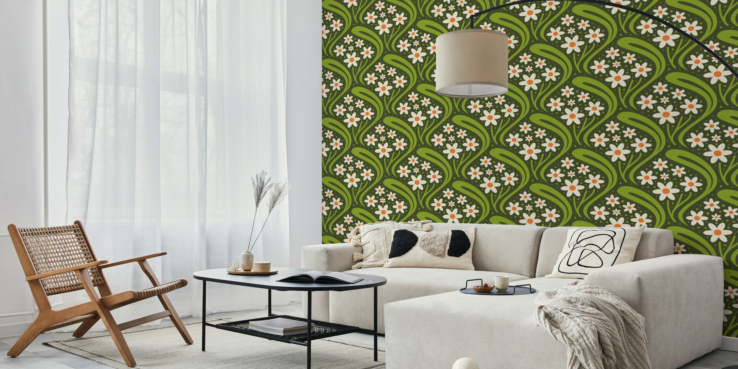 Vintage floral daisies with green leaves and orange centers wallpaper