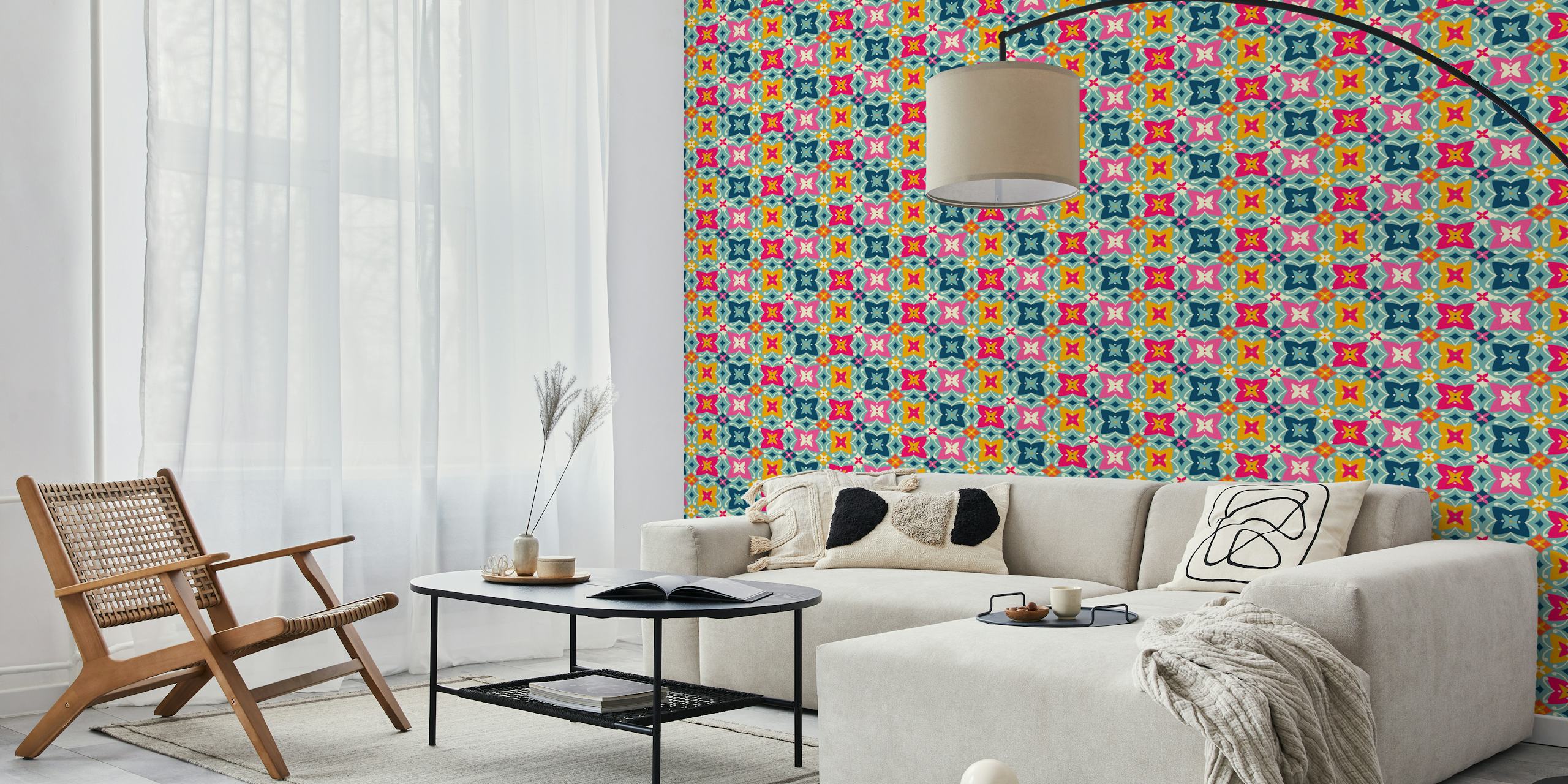 Folk art geometric flourishes wallpaper in a room
