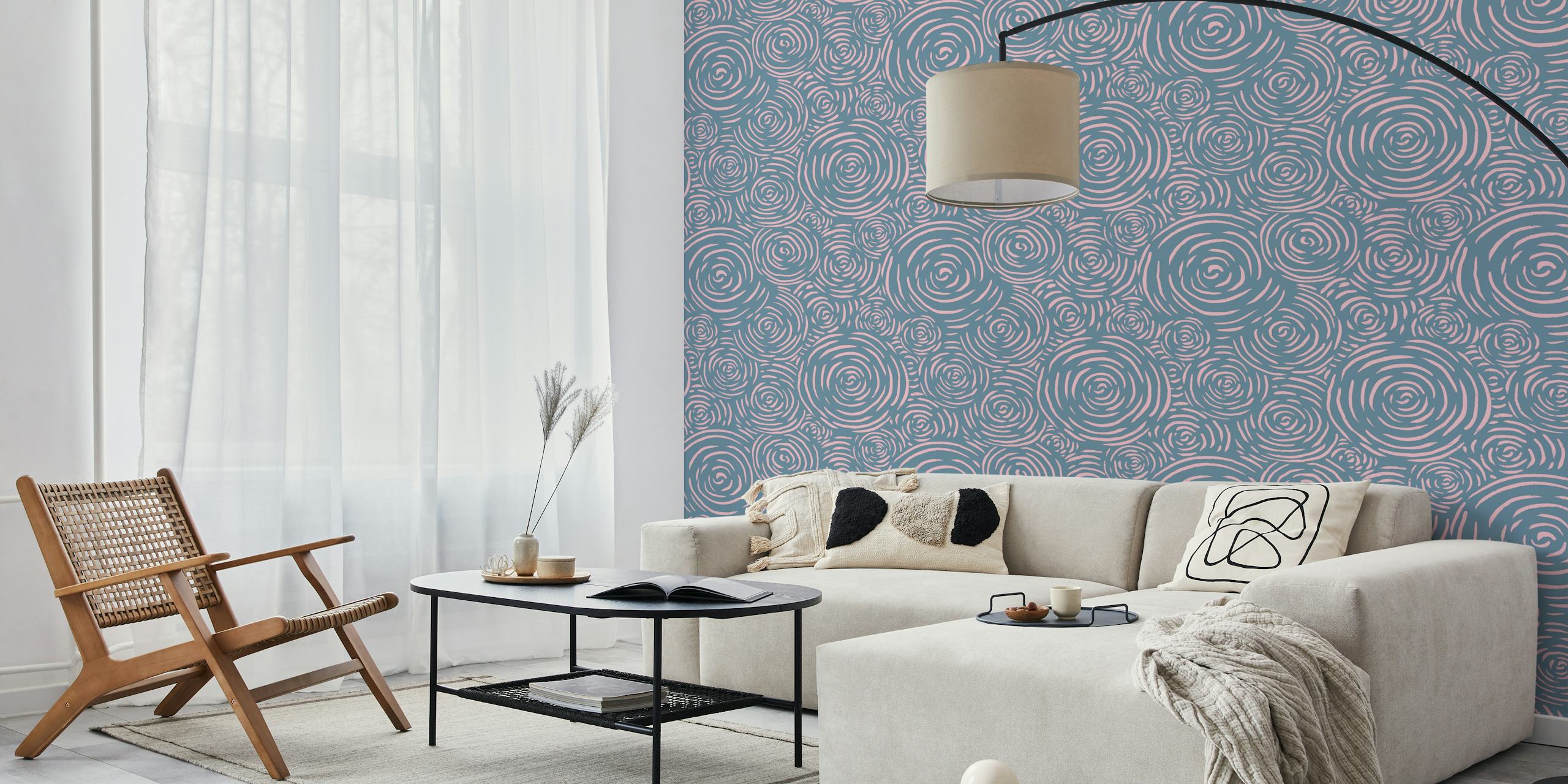 Blue and pink patterned wallpaper in a room