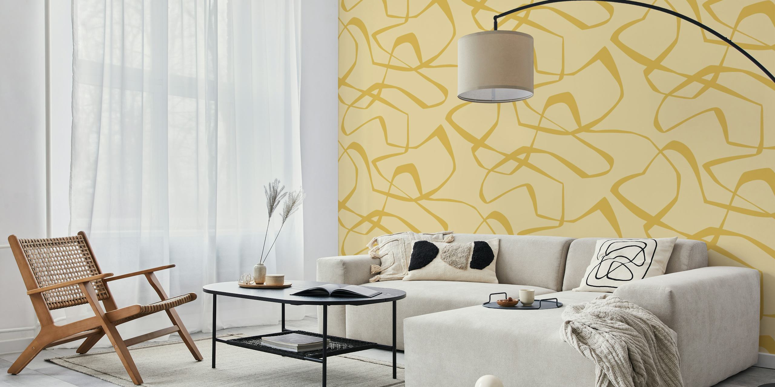 Geometrisch patroon met imperfecte lijnen in botergeel. Wallpaper.