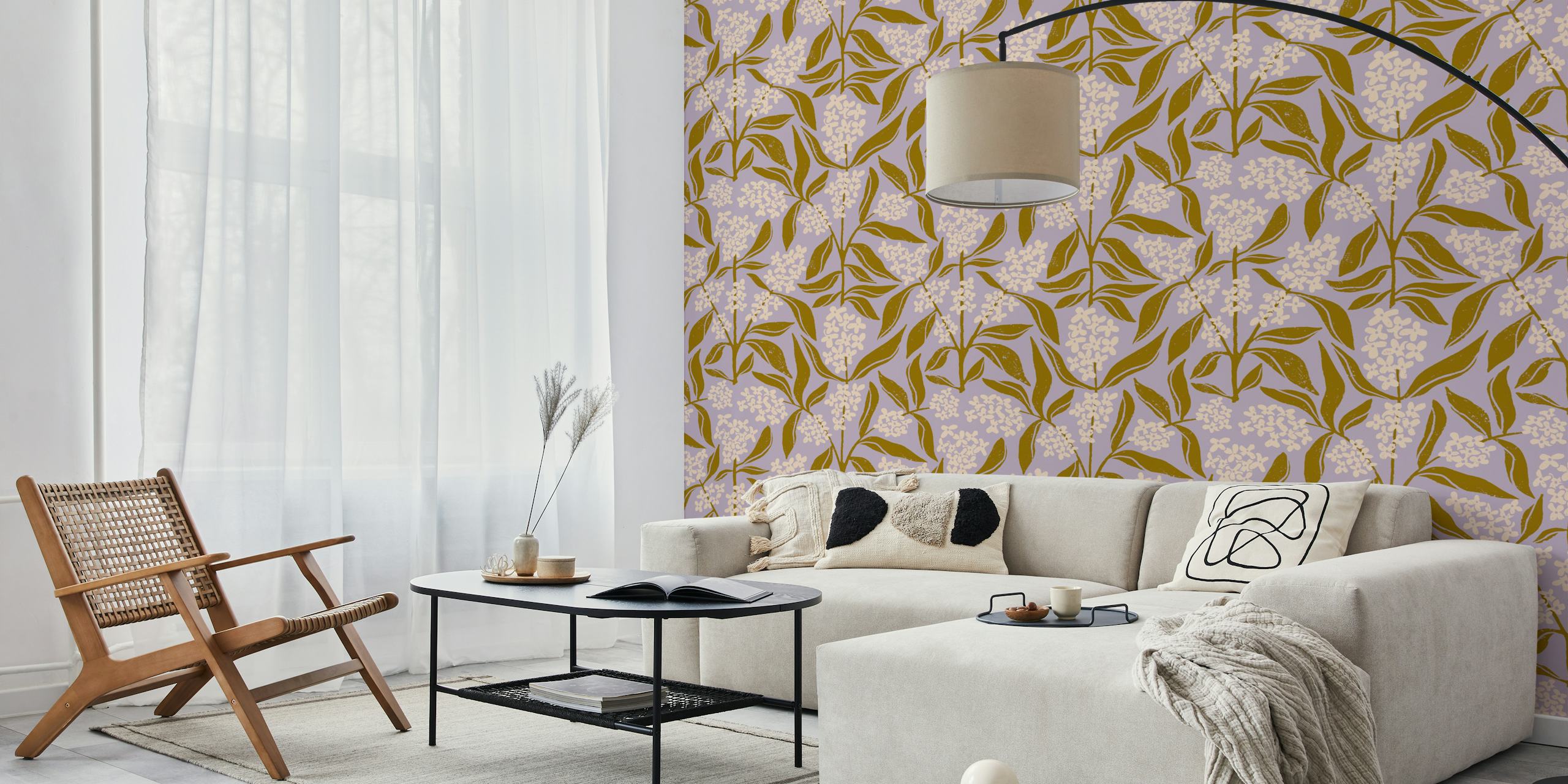Floral pattern with cream flowers and mustard leaves wallpaper