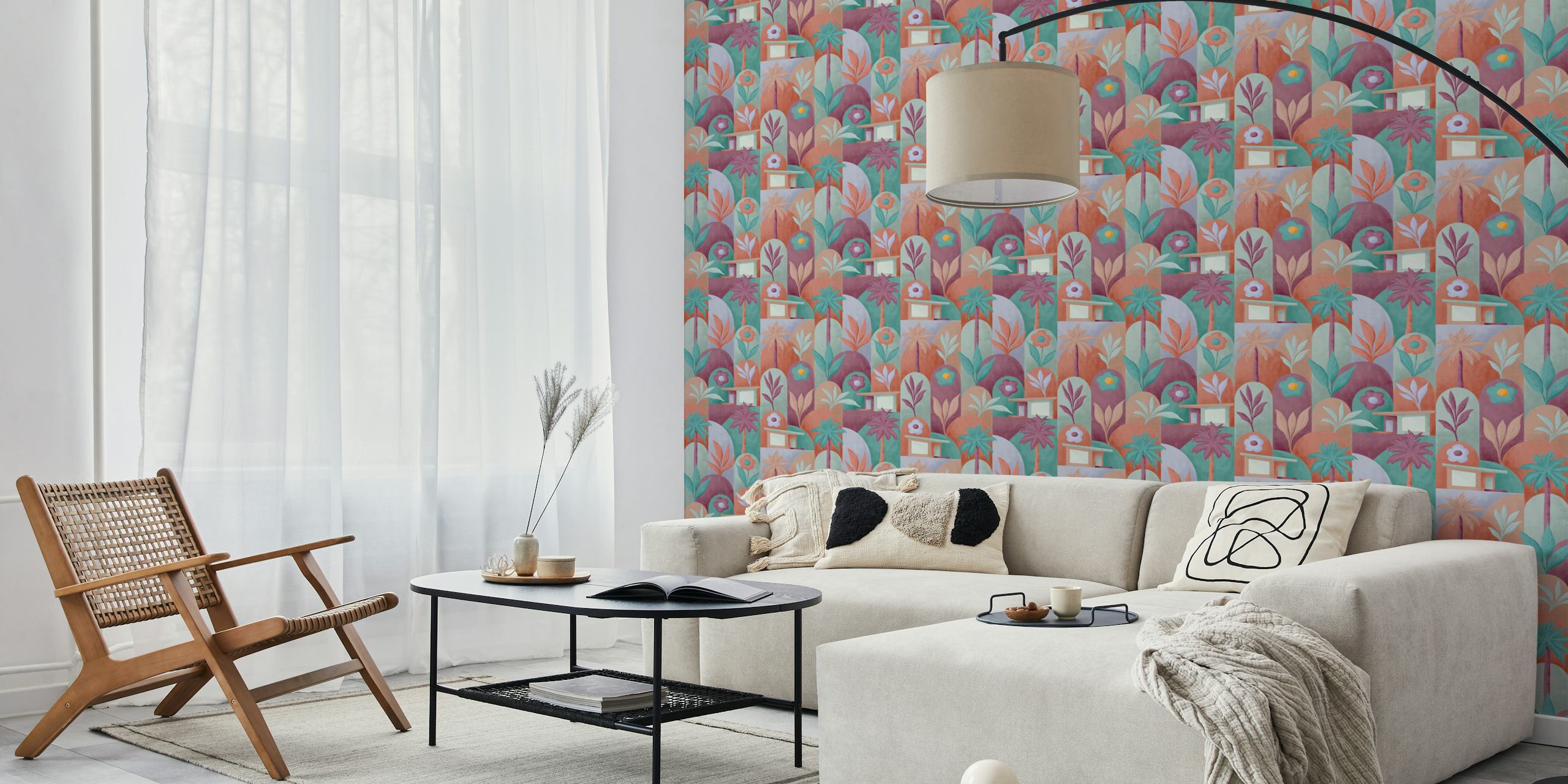 Tropical foliage and palm trees in earthy tones wallpaper