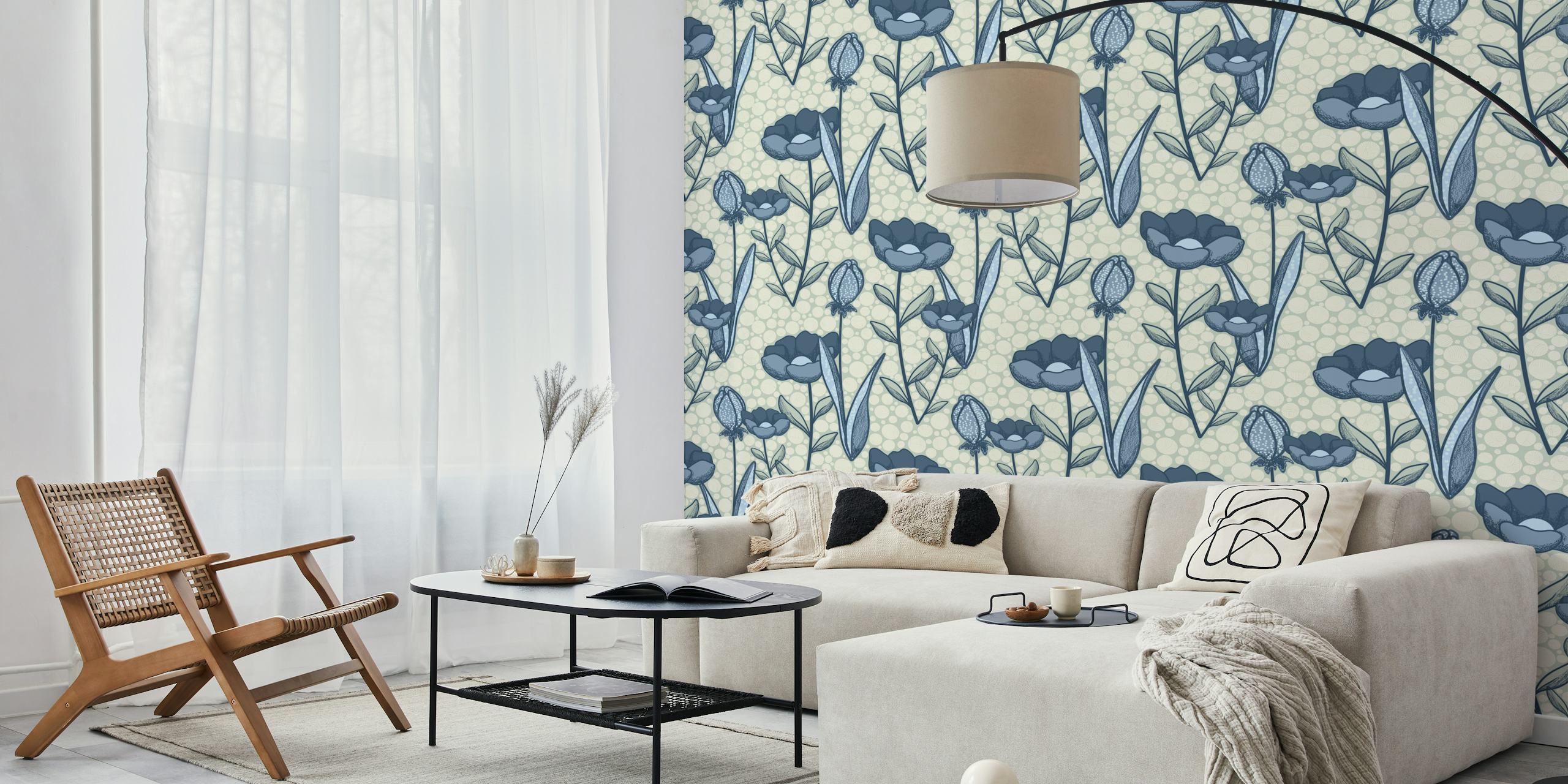 Modern Retro Flowers Blue & Pearl wallpaper in a room