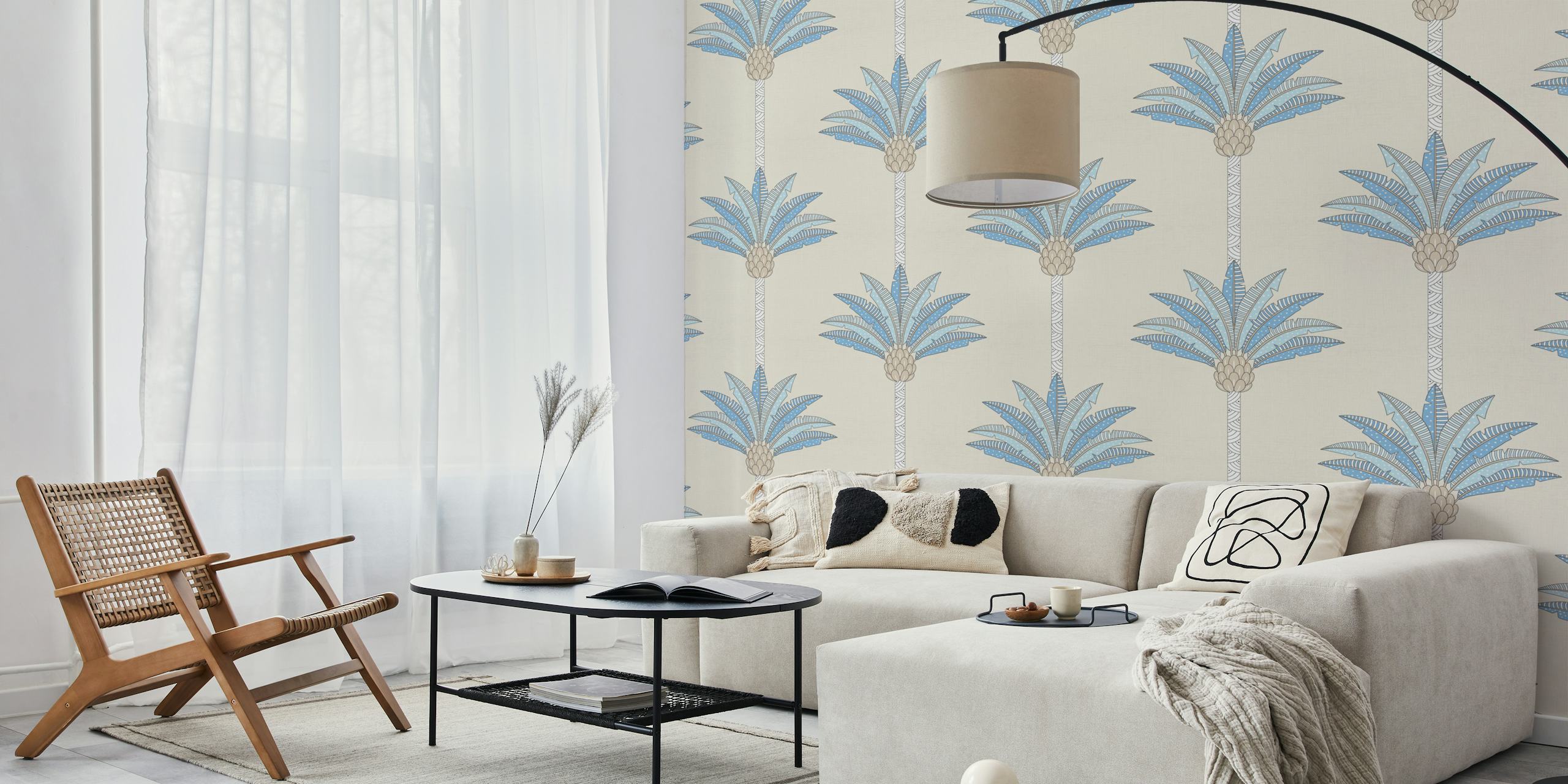 Tropical palm stripes in blue and beige on linen texture wallpaper