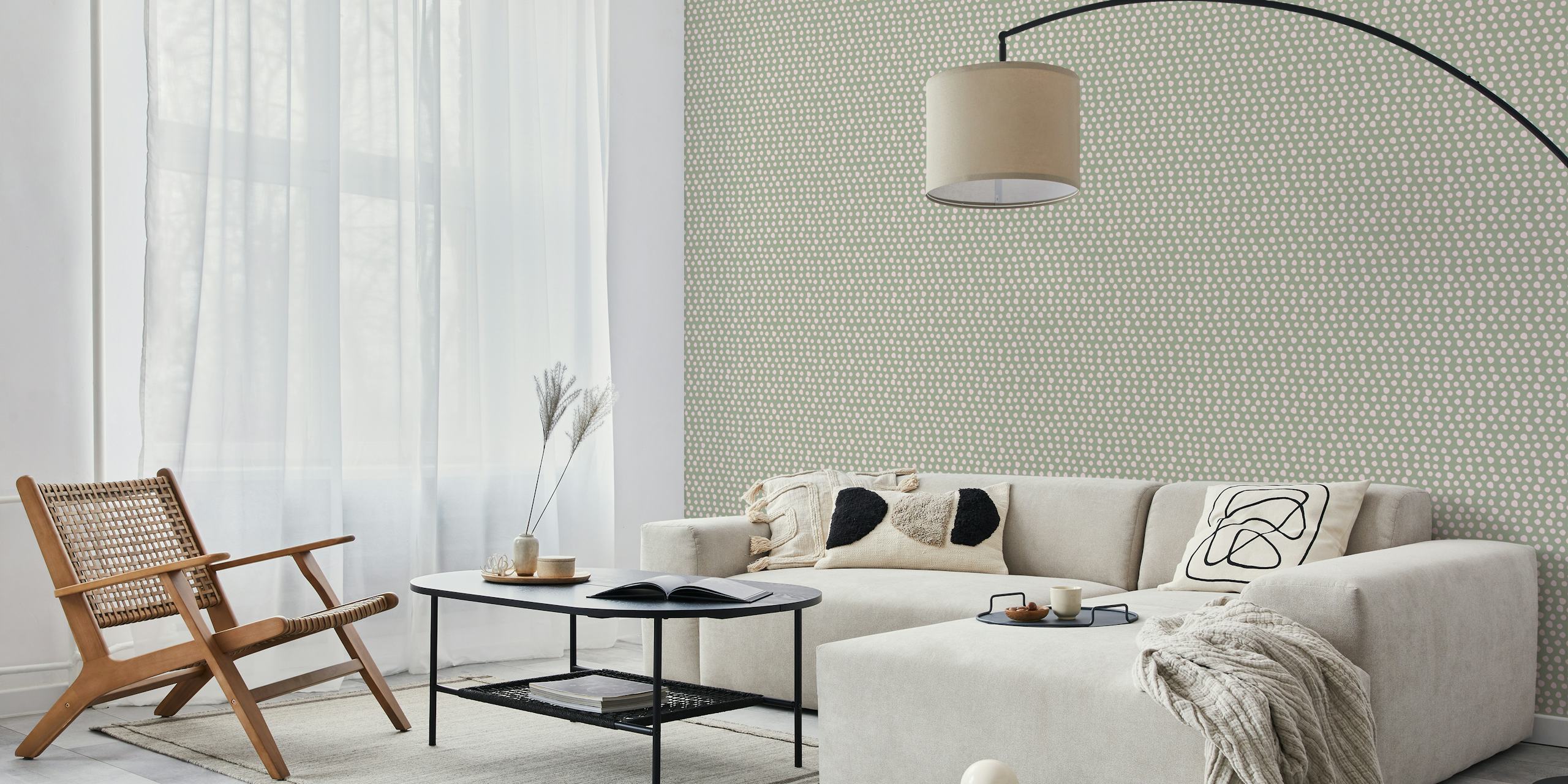 Soft pink dots on sage green background wallpaper