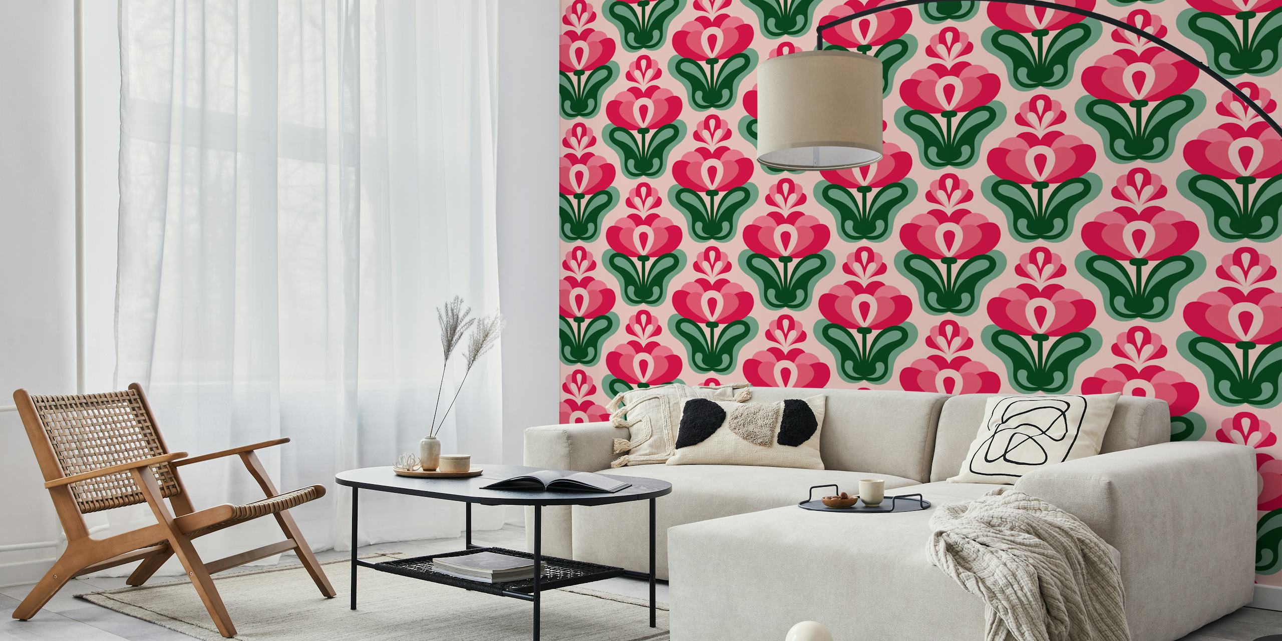 Pink floral design with green leaves wallpaper