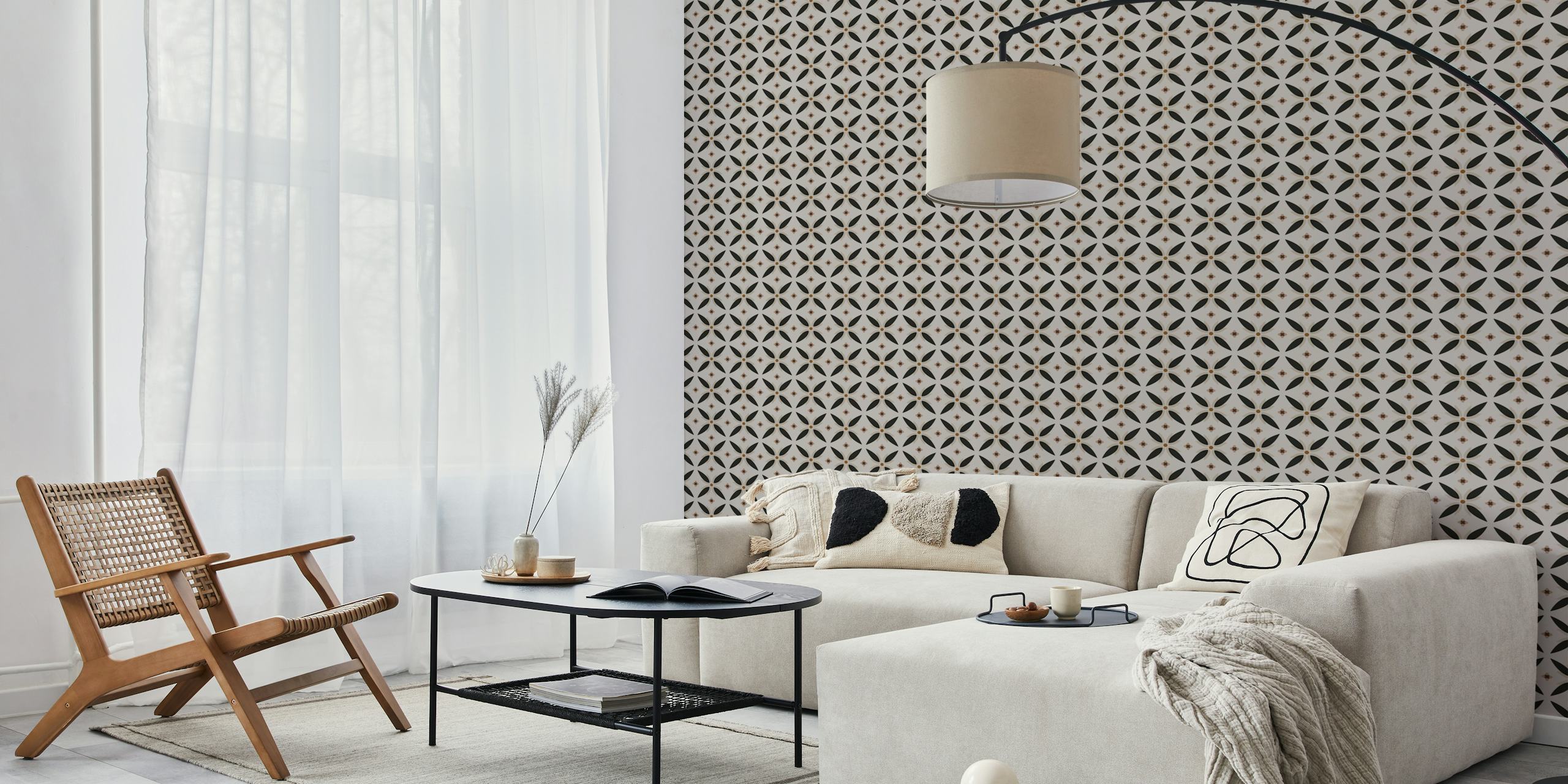 Black and beige star floral wallpaper with brown accents