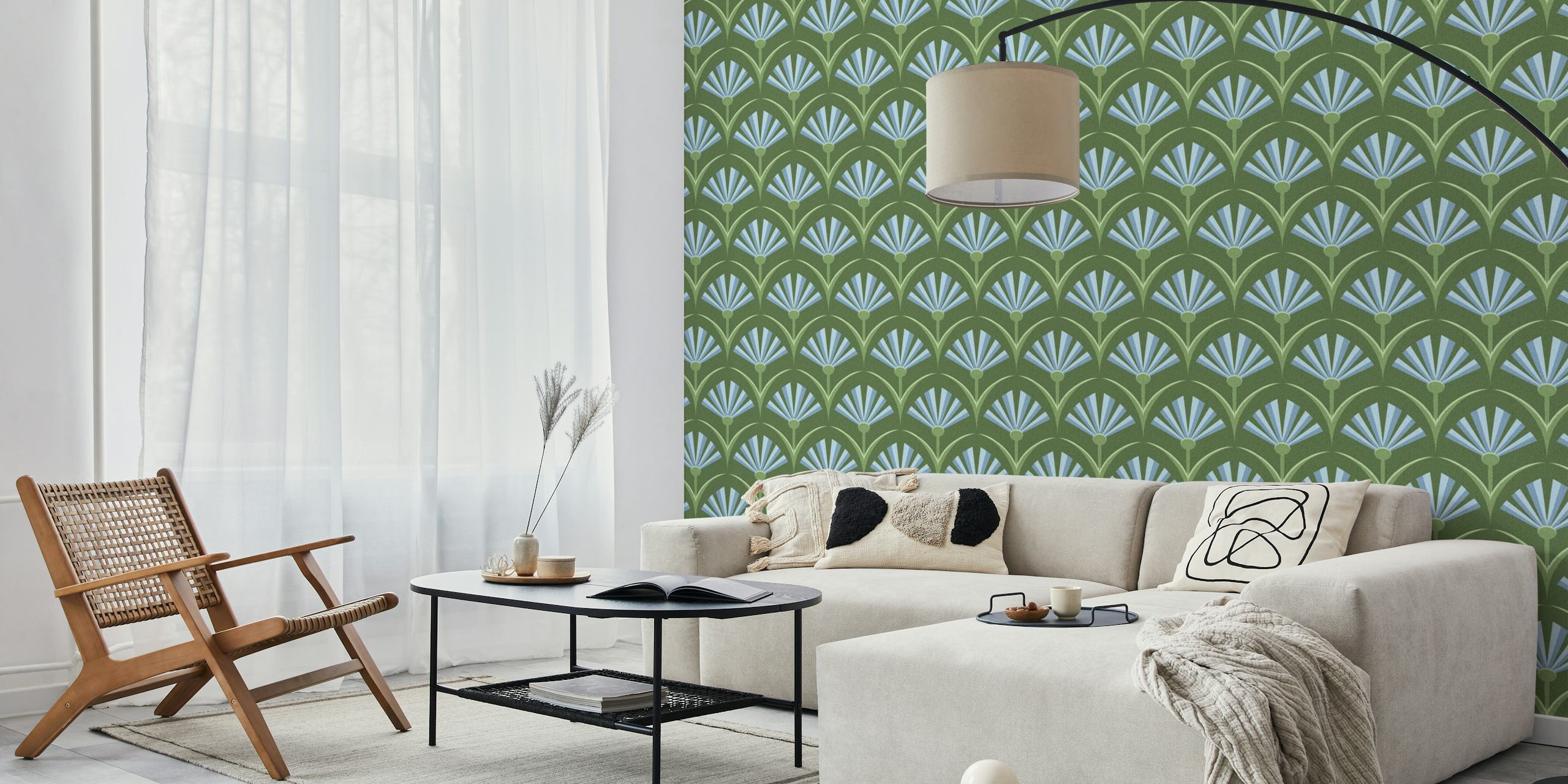 Retro floral fan pattern in blue and green wallpaper