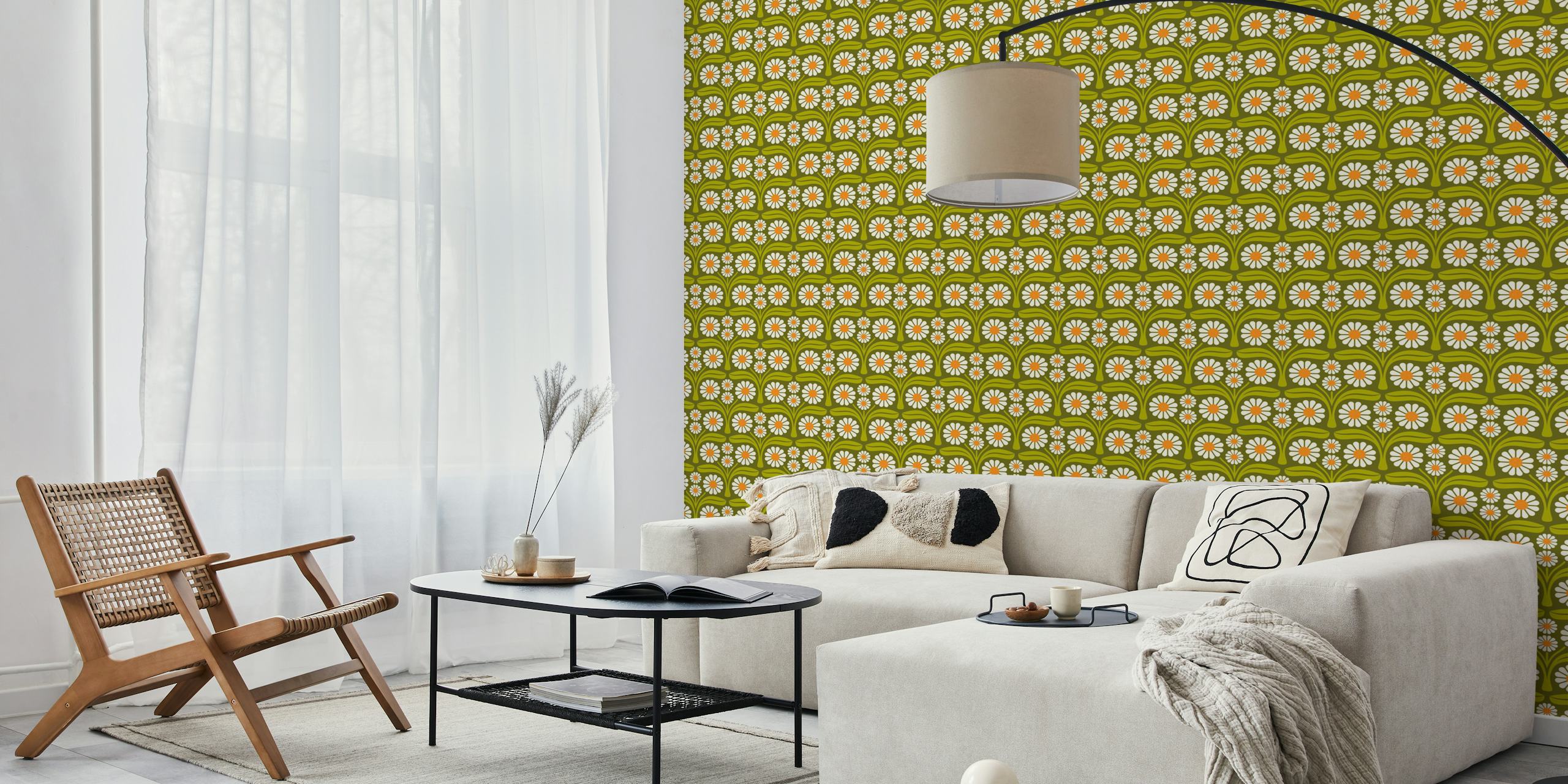 Retro floral design with large daisies in green and orange wallpaper
