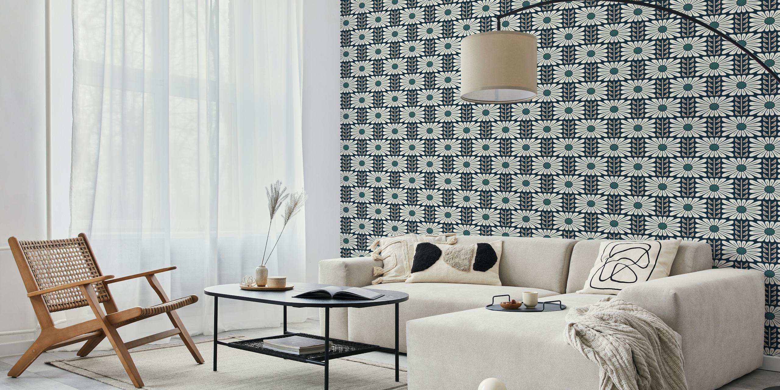 Retro Chic Flowers in Gray Green wallpaper design