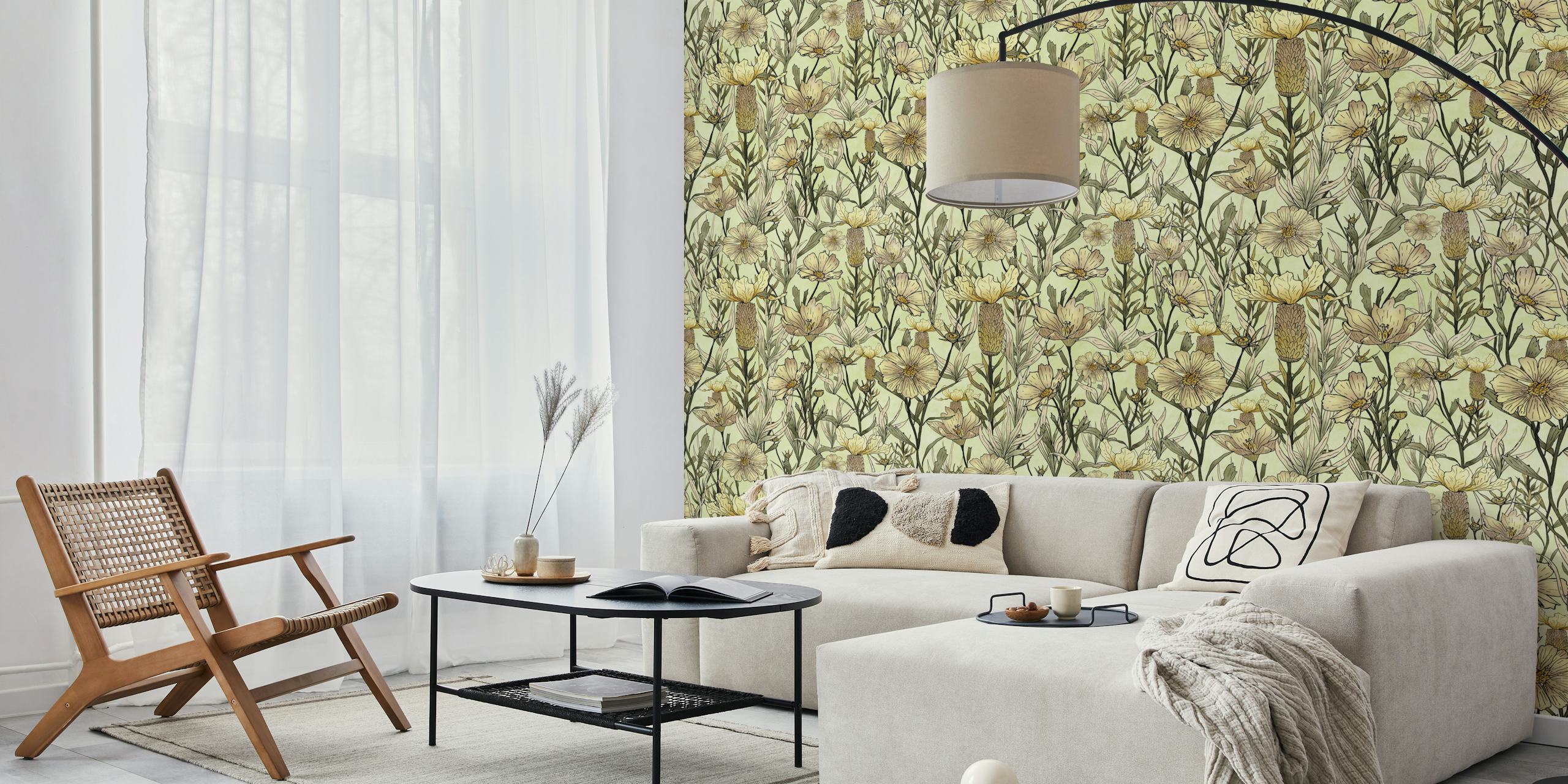 Hand drawn vintage garden green wallpaper in a room