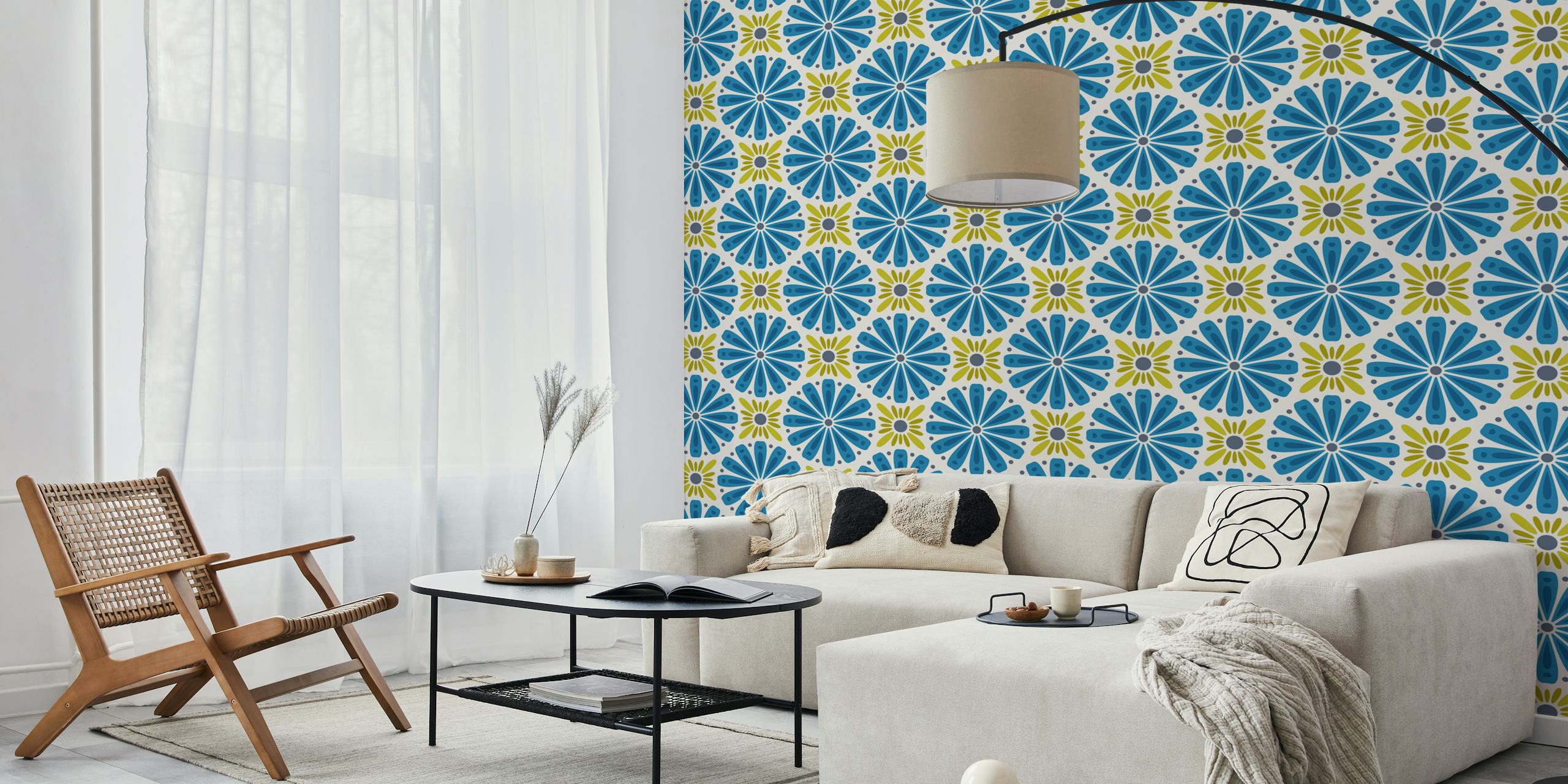 Blue and green floral pattern wallpaper featuring large flowers