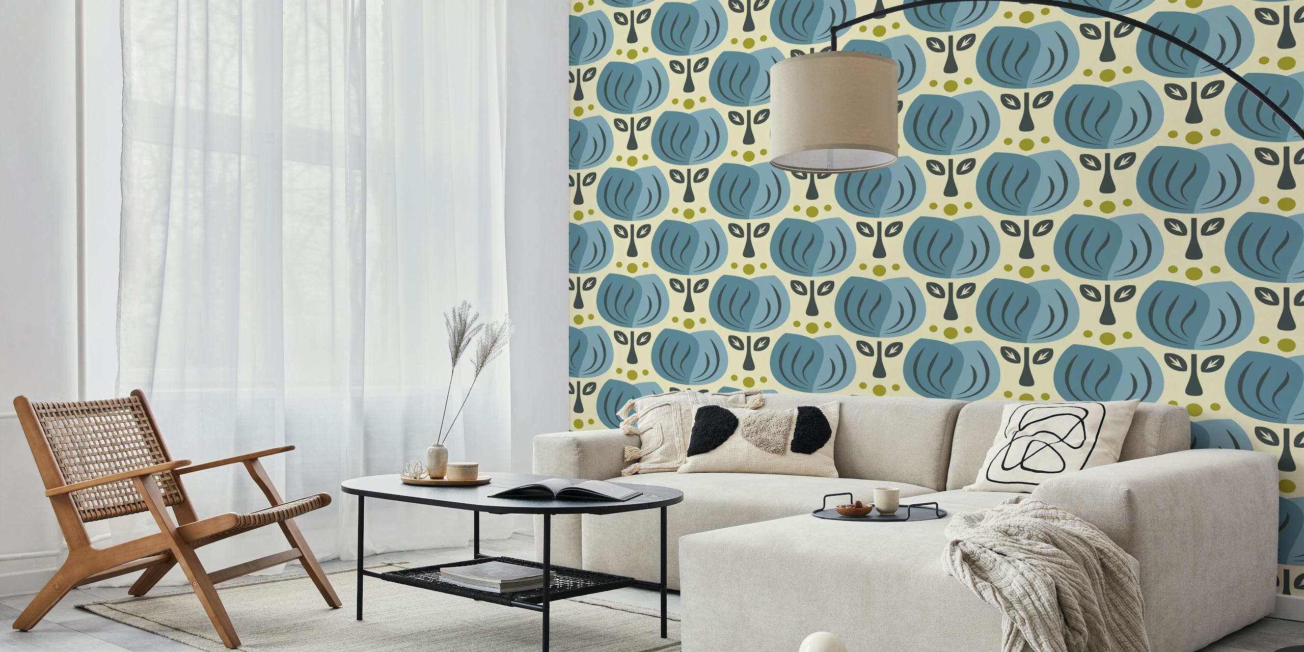 Retro tulip wallpaper design in blue colors.