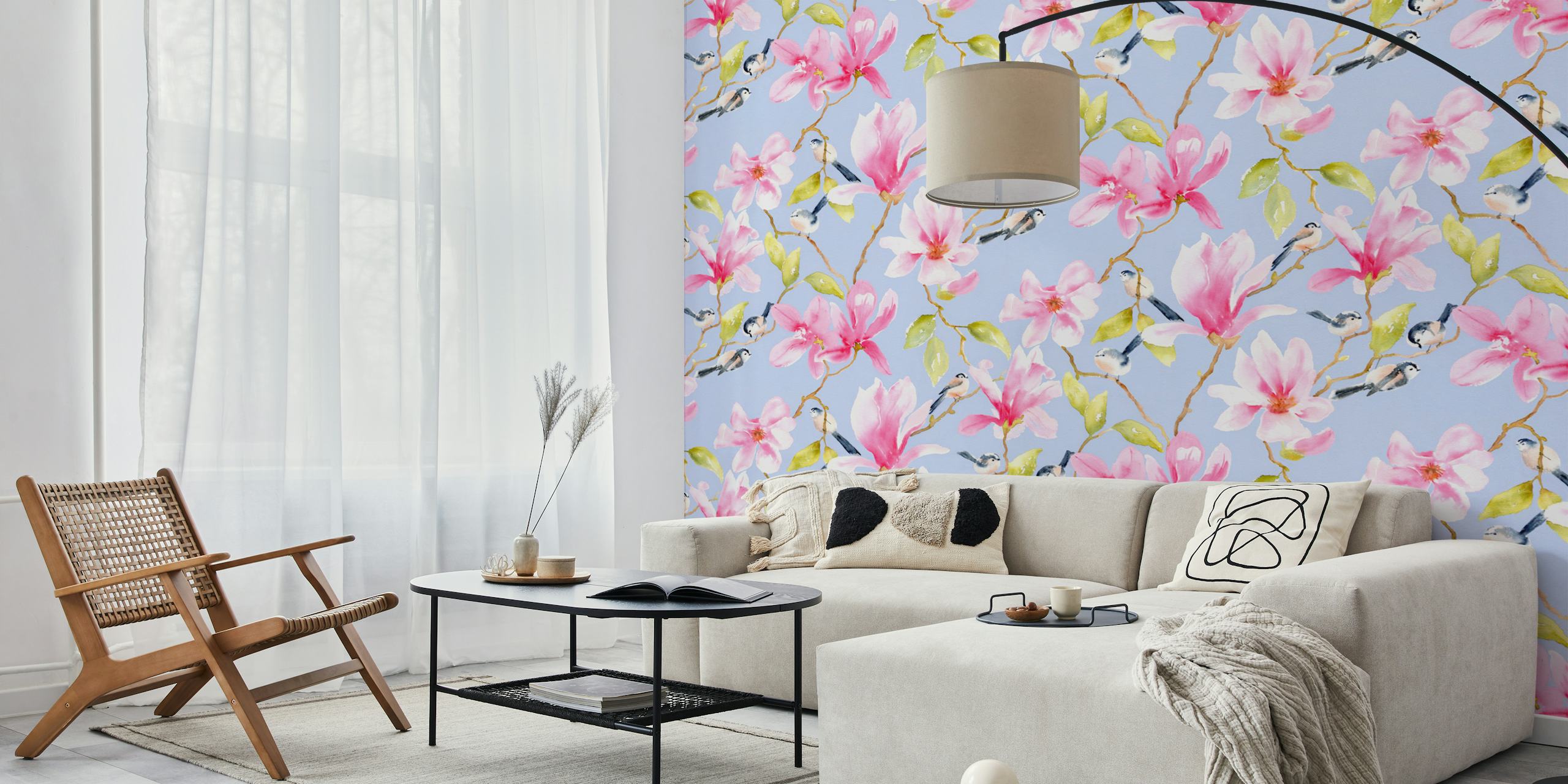 Bright pink flowers with birds on a sky blue background wallpaper