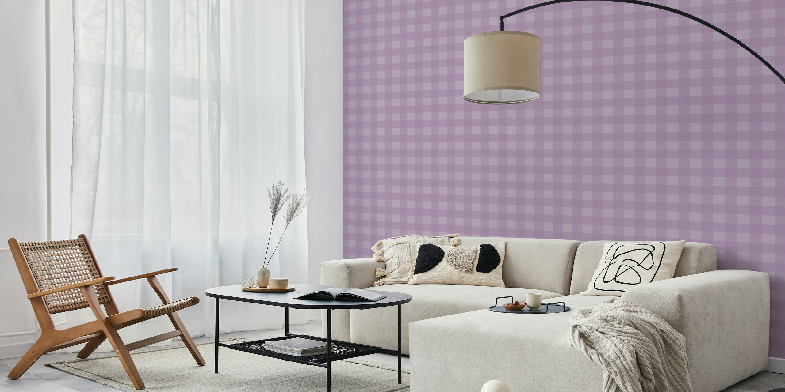Gingham mauve on lavender wallpaper in a room