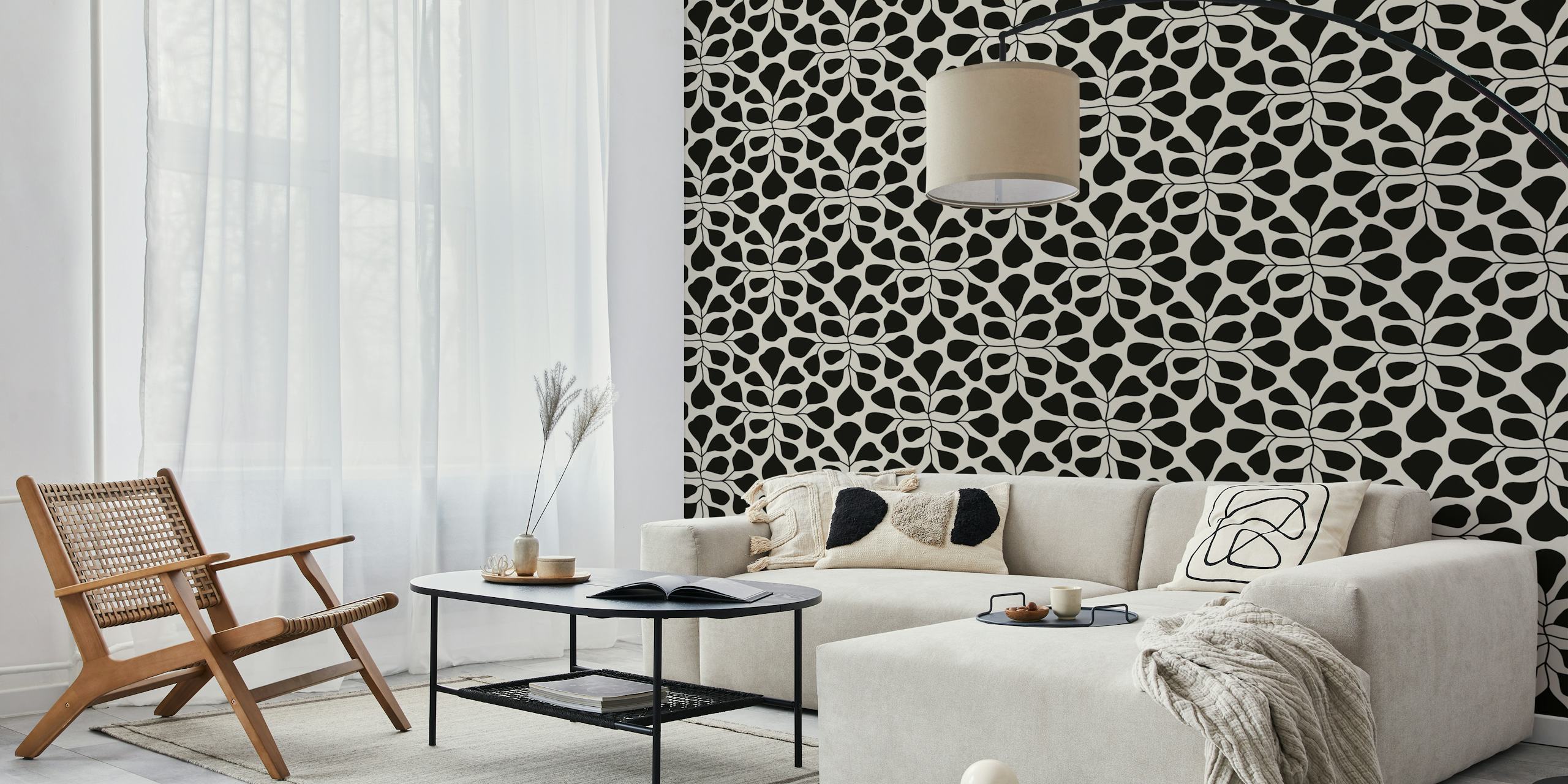 Black and white leaf pattern wallpaper, modern botanical design