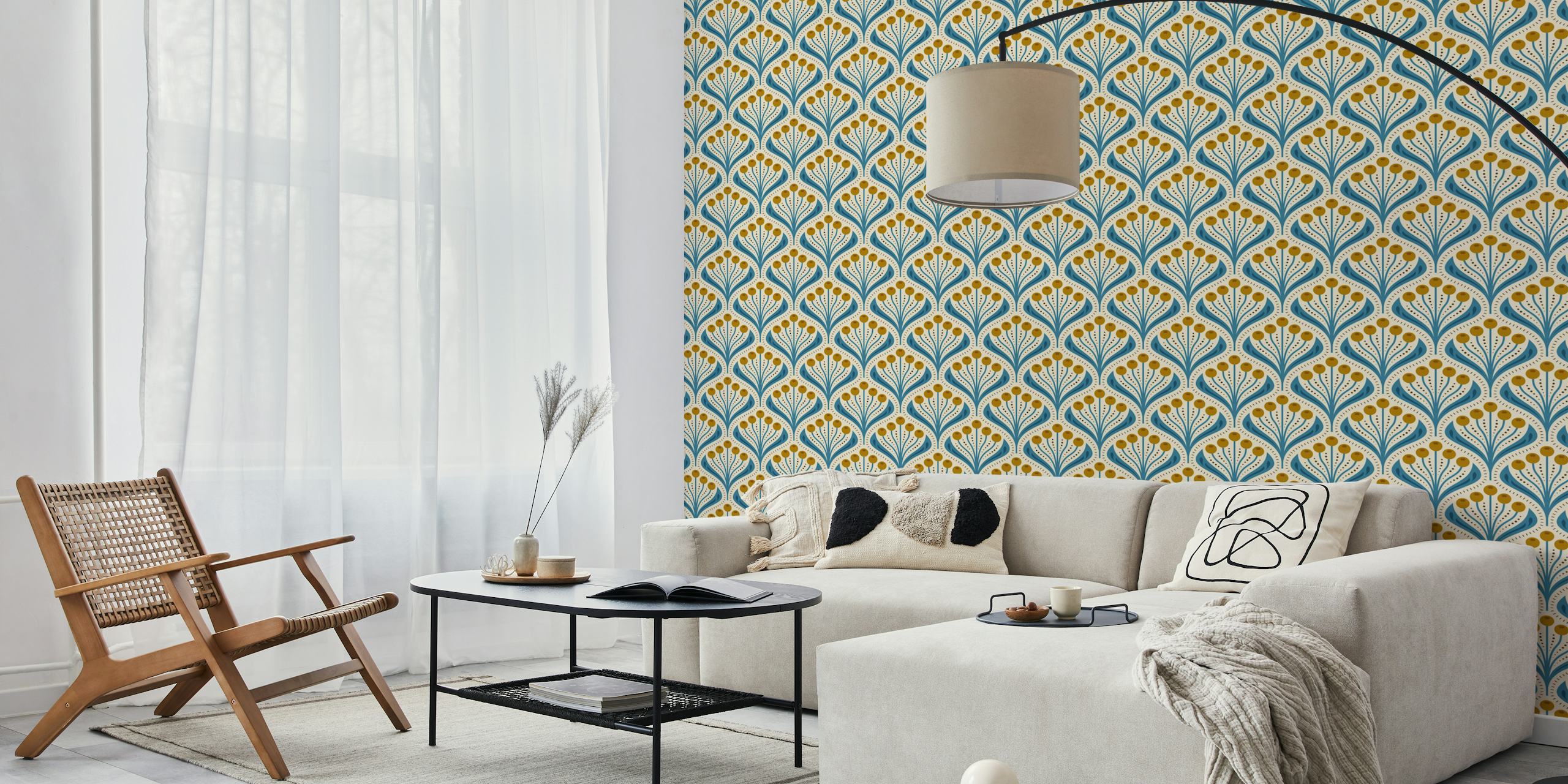 Floral pattern with blue and gold flowers on a beige background wallpaper