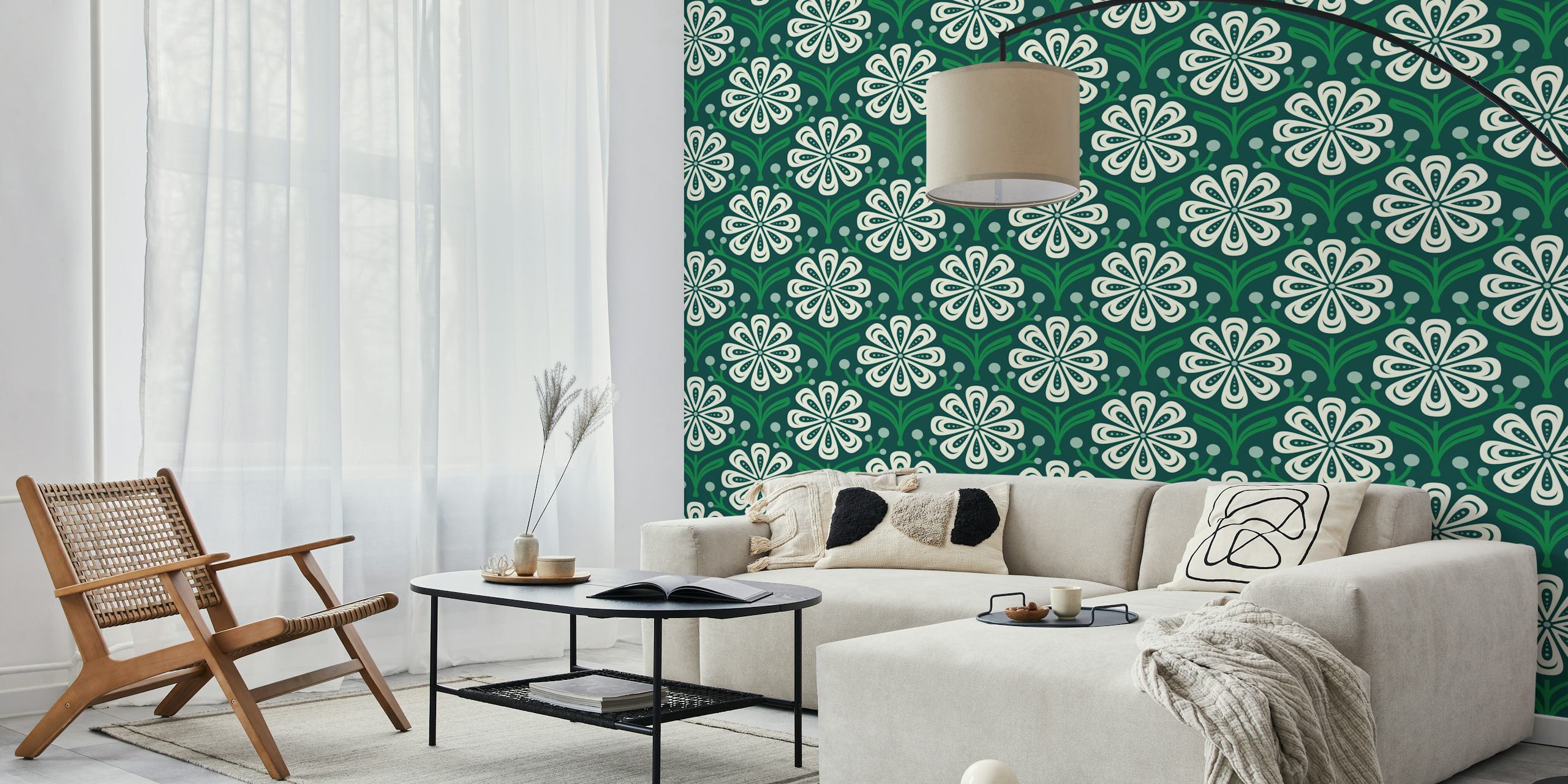 Green floral wallpaper featuring large daisies and decorative leaves