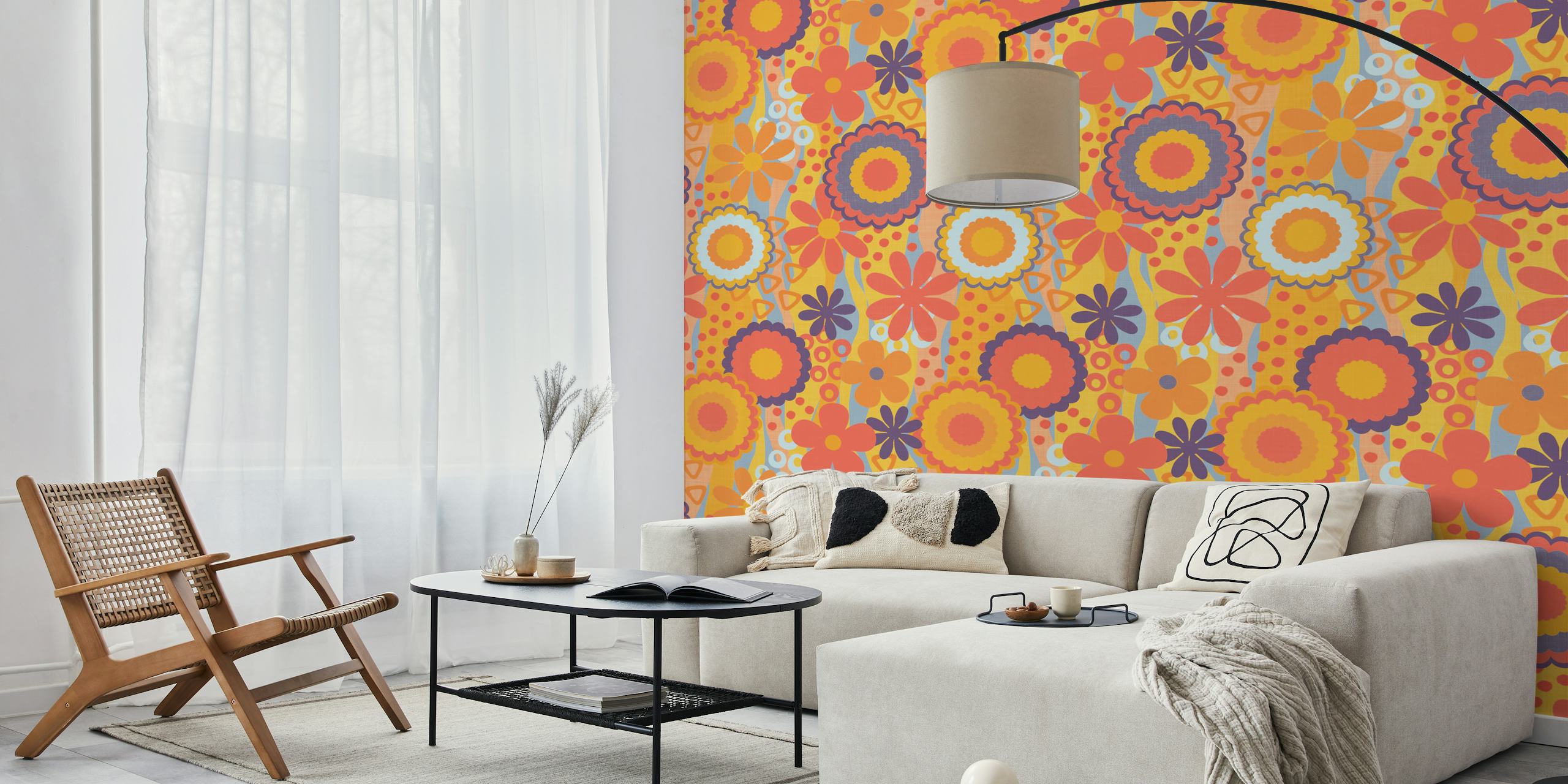Colorful 70s flower pattern wallpaper in a room