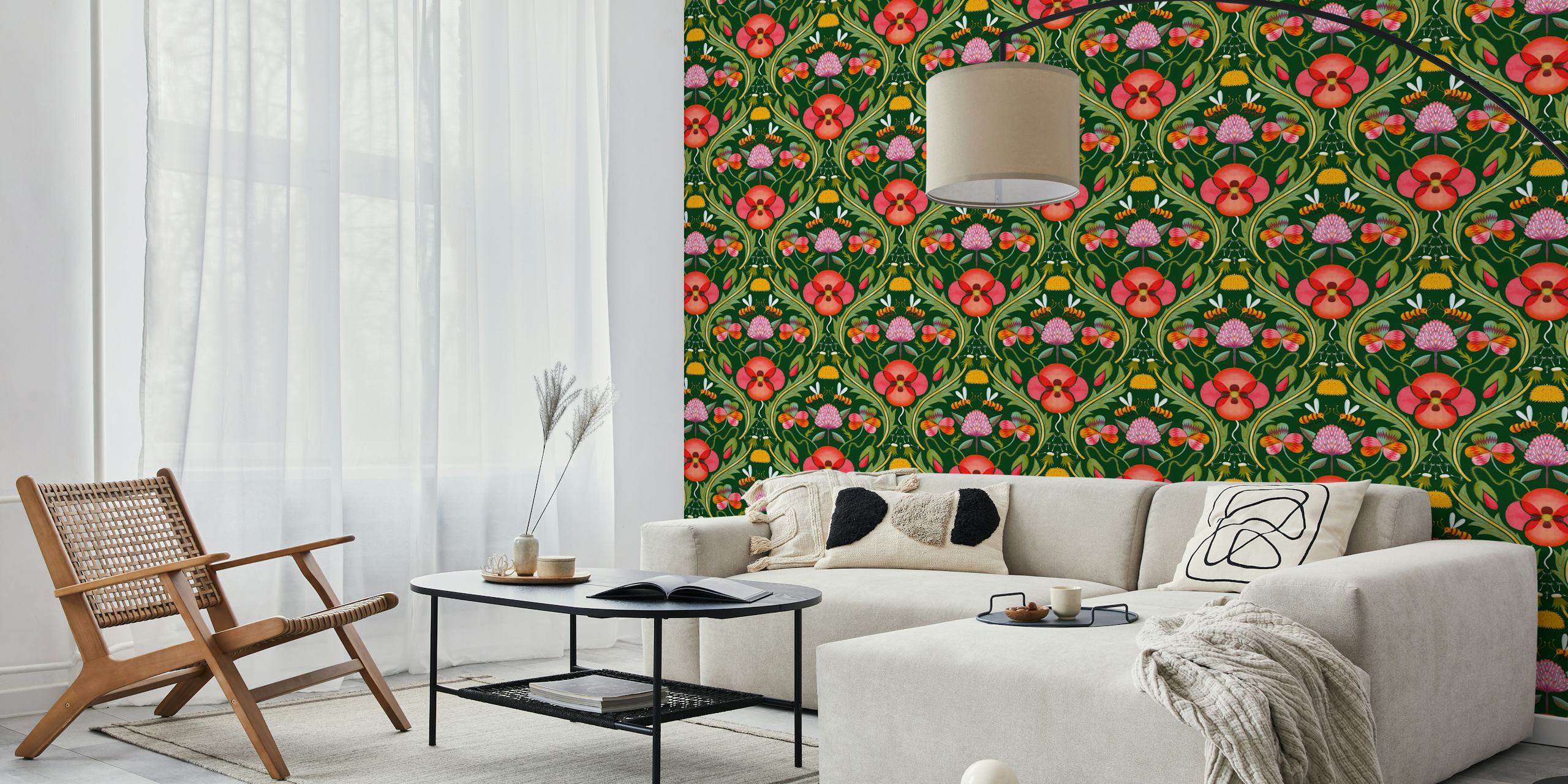 Colorful floral and bee pattern in bright colors wallpaper