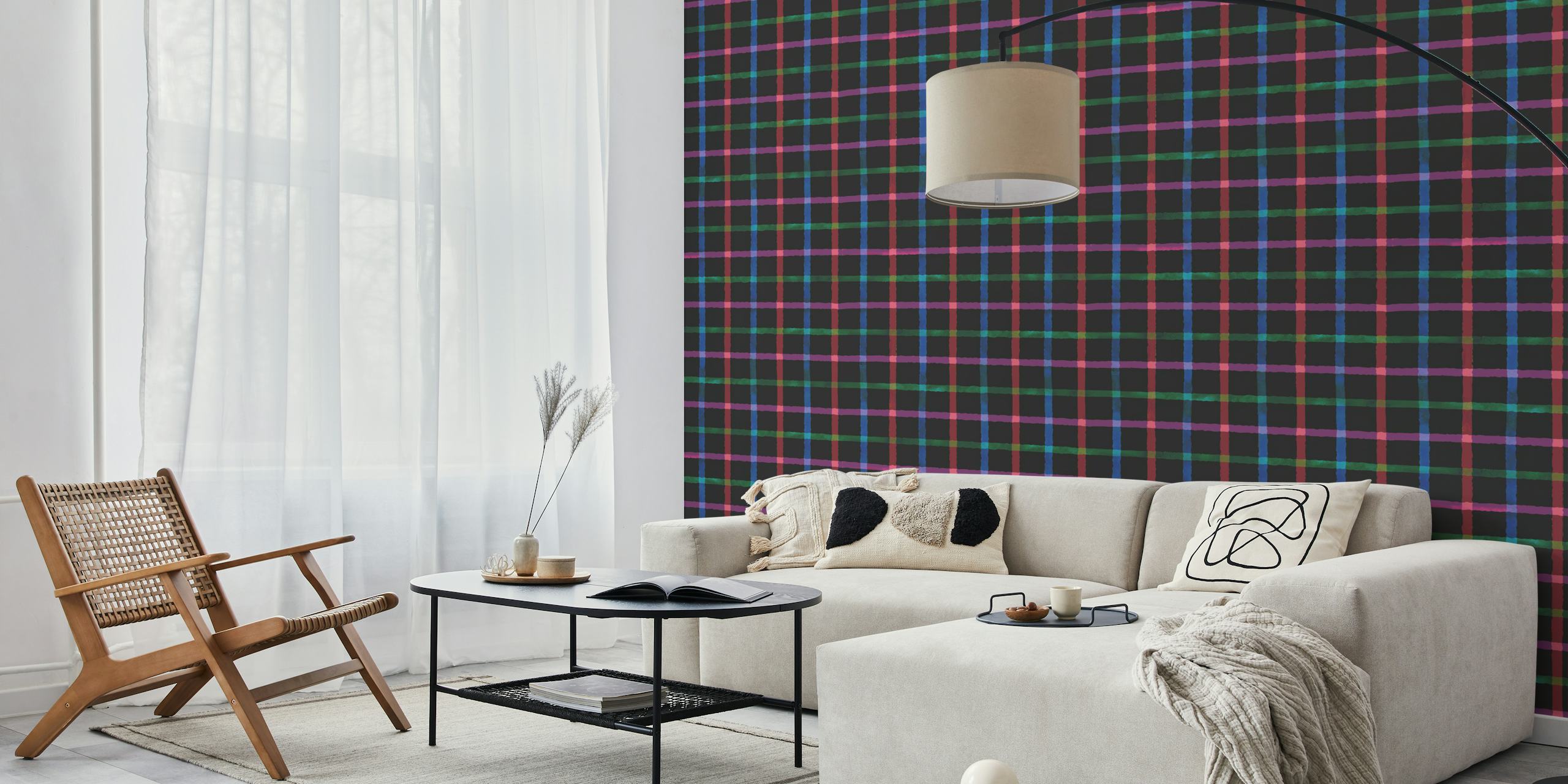Ταπετσαρία Hand-Painted Check Dark Watercolor Plaid στο δωμάτιο