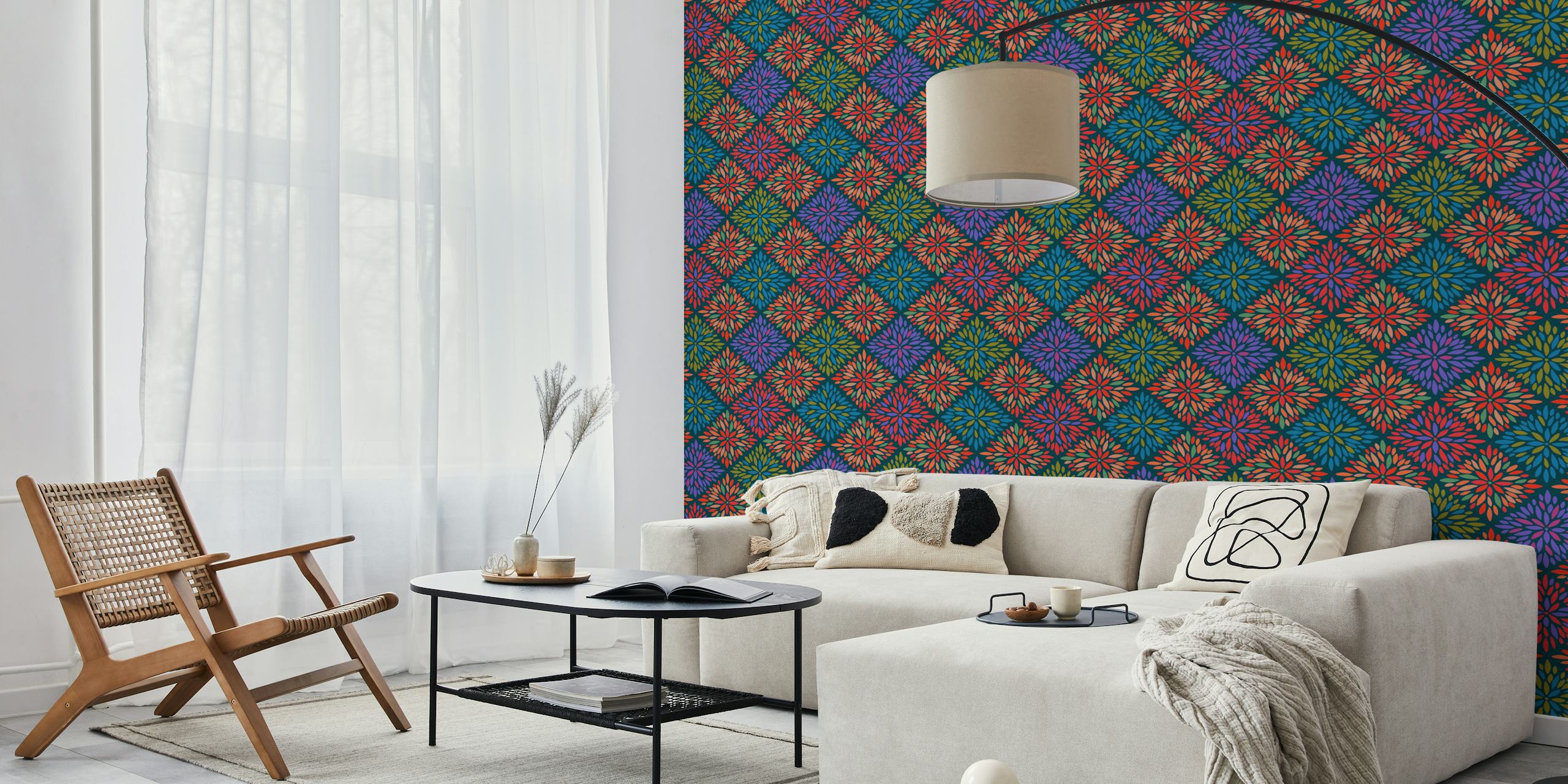 Colorful floral patterns in jewel tones on dark background wallpaper