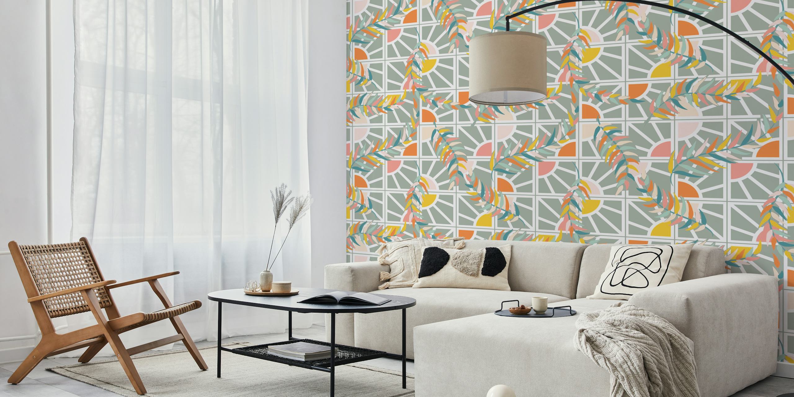Botanical leaf patterns with pastel colors on gray background wallpaper