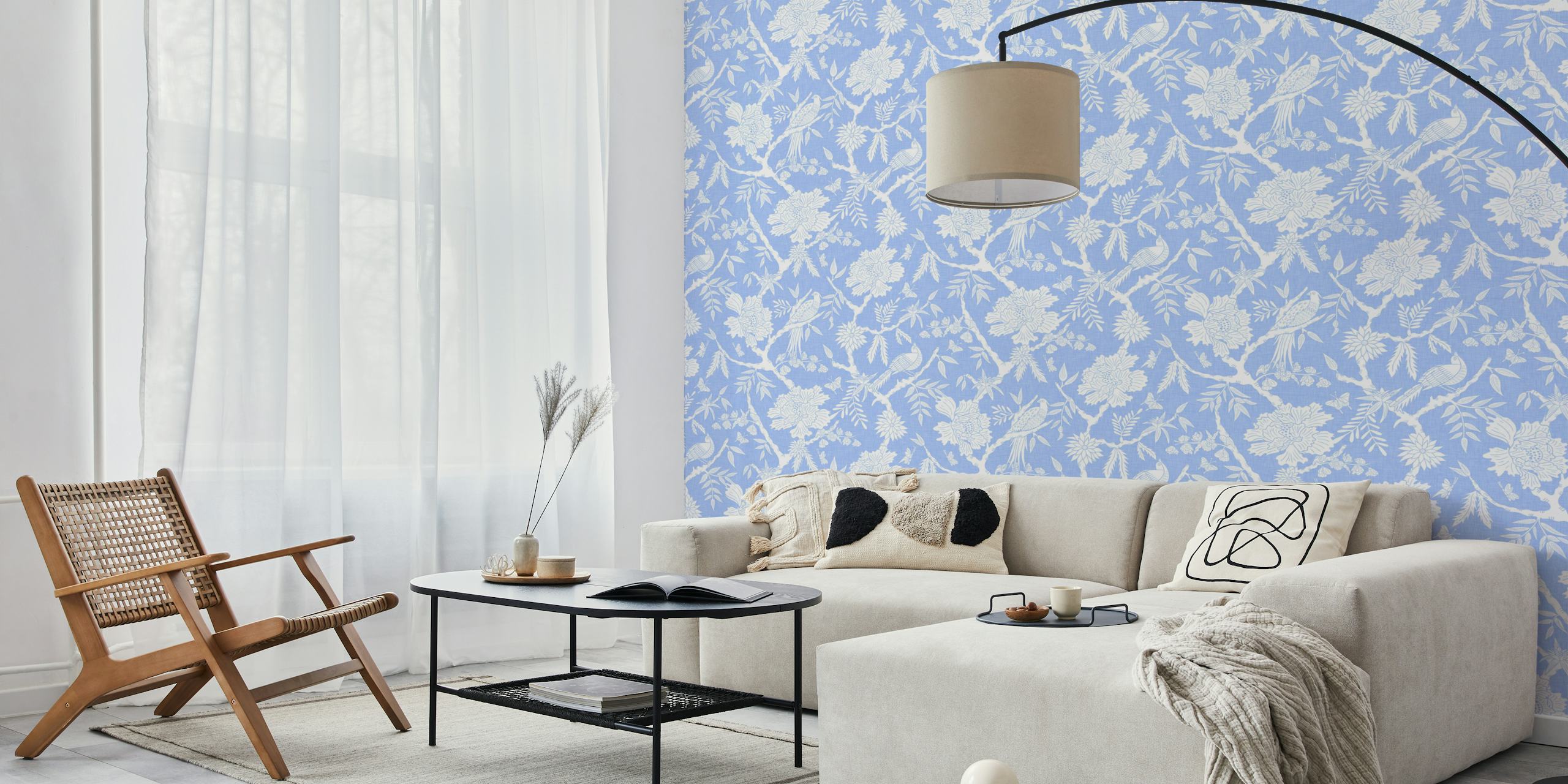 Blue and white chinoiserie wallpaper with birds
